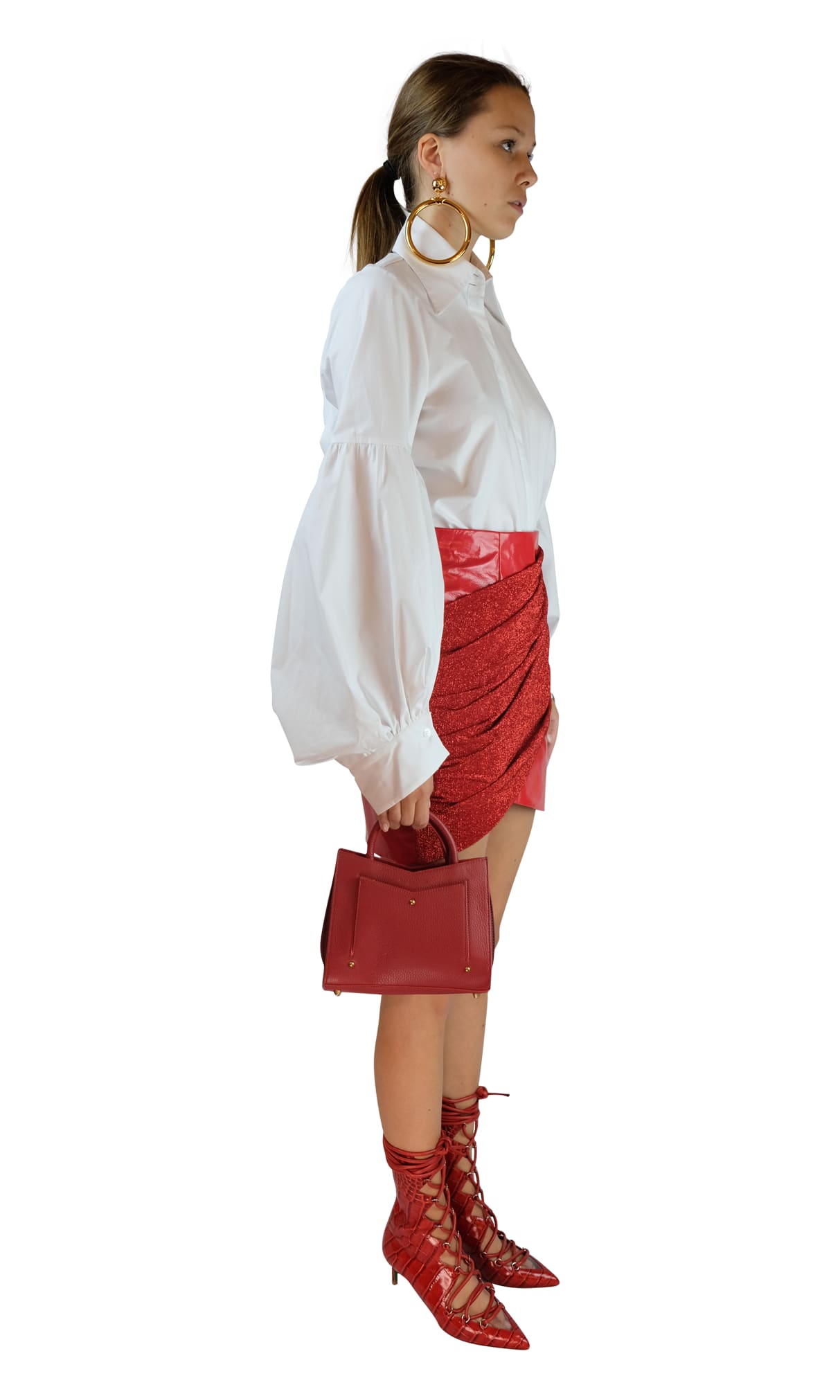 Sara Battaglia Red Lurex & Faux Patent Leather Mini Skirt In Red