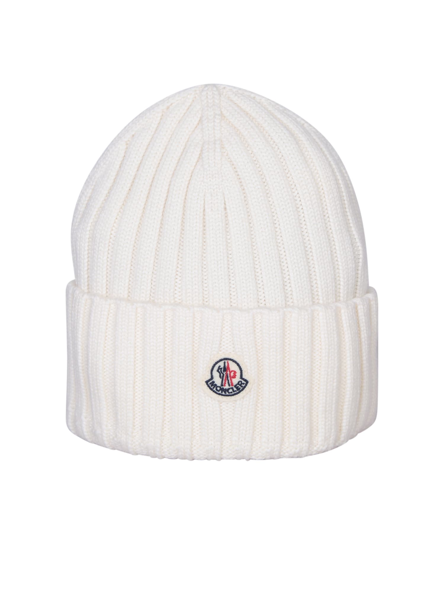 White Ribbed Wool Beanie With Logo