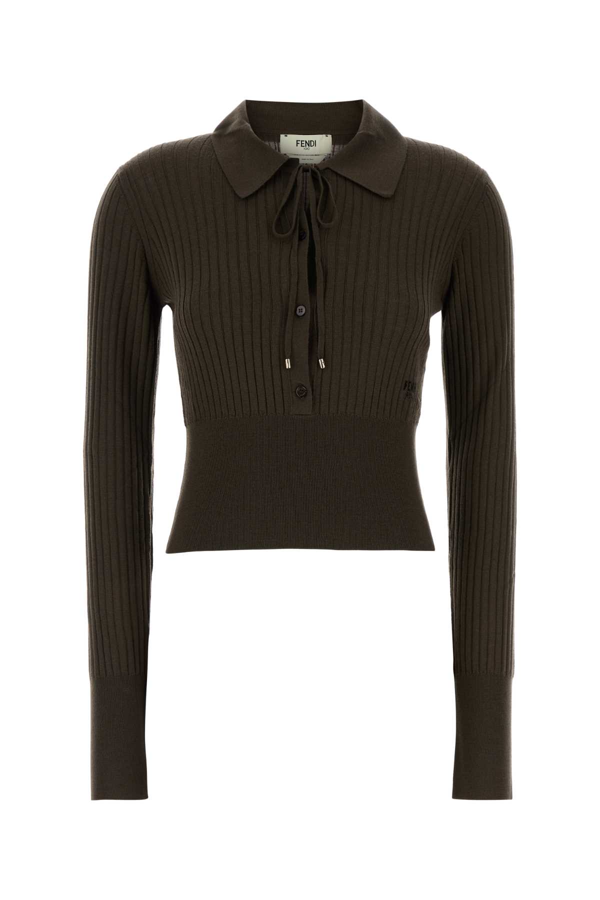 Fendi Mud Stretch Wool Polo Shirt In Brown