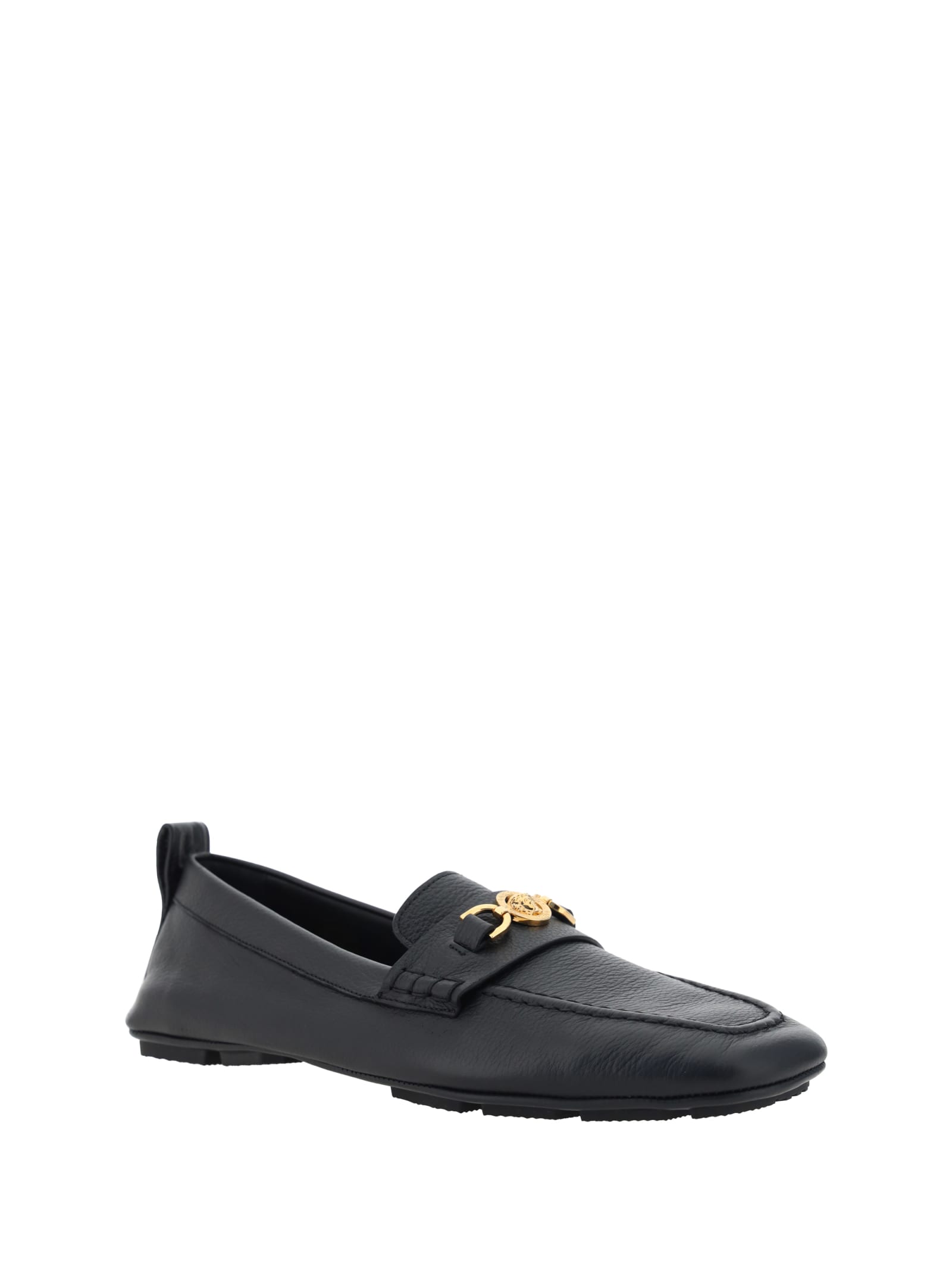 Versace Villa Loafers In Calfskin Leather In Black- Gold