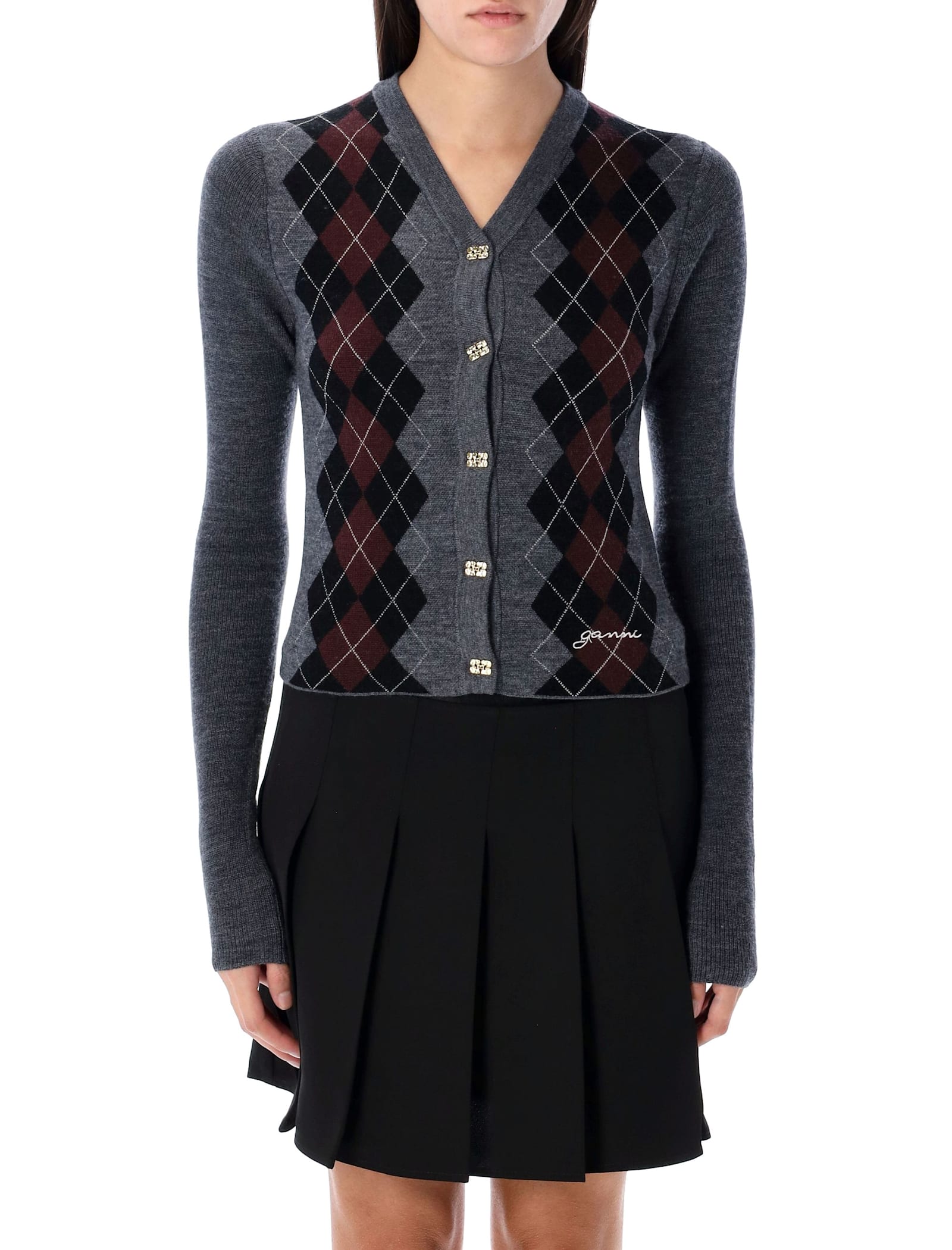 Ganni Grey Sweater With Classic Collar And Check Motif On The Front In Wool Woman