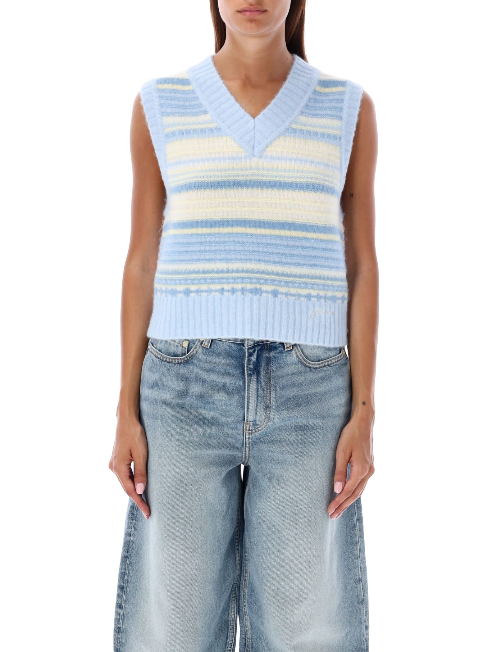 Shop Ganni Soft Wool Stripe Vest In Skyway