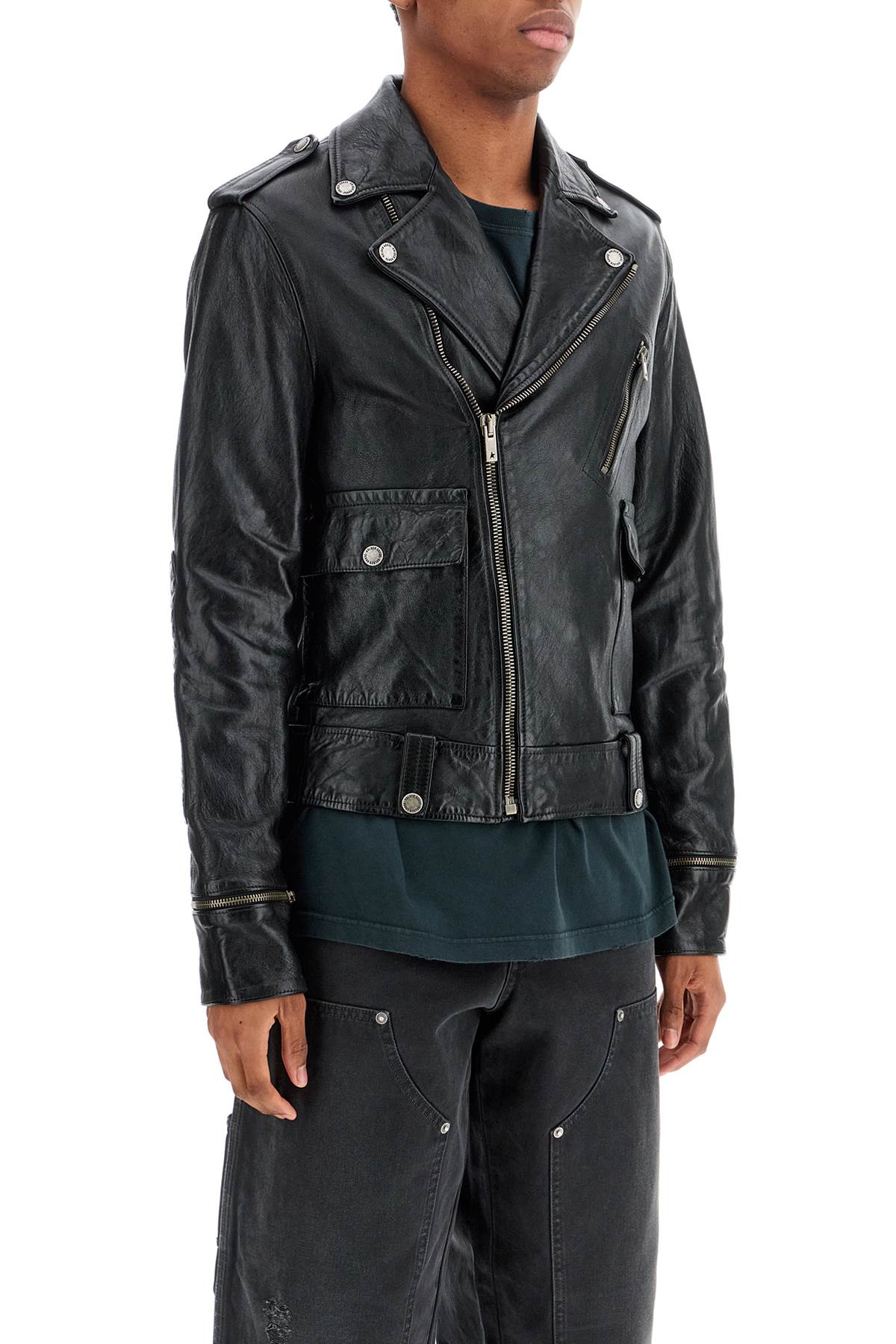 Golden Goose Black Biker Jacket With Notched Revers And Leopard Lining In Black (black)
