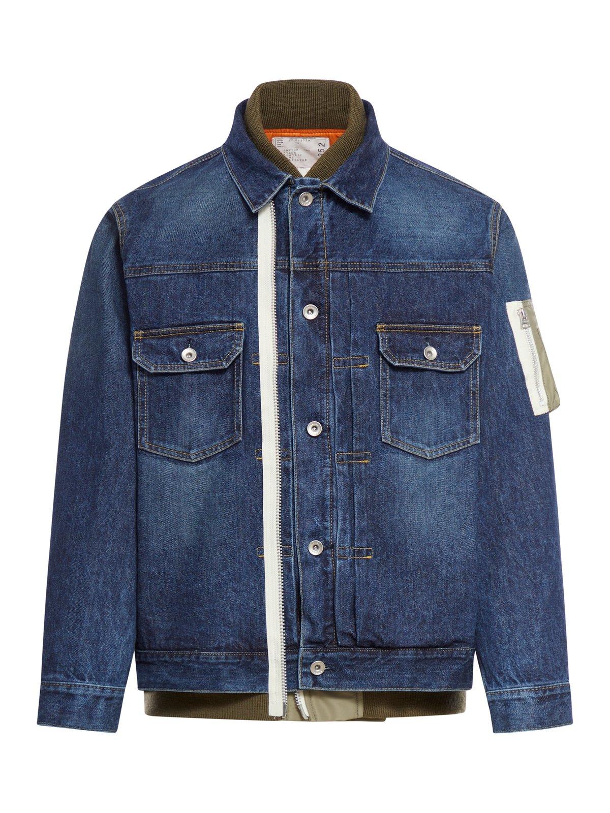 Shop Sacai Layered Effect Buttoned Denim Jacket In Navy