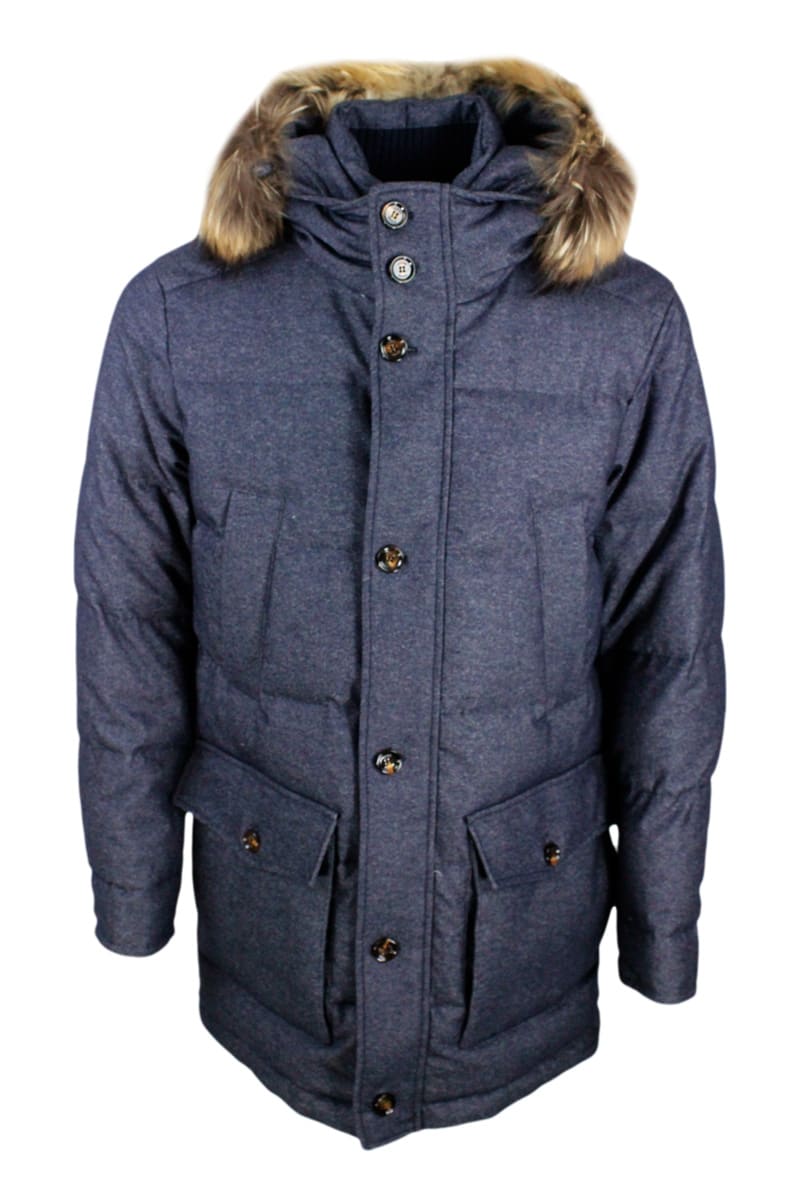 Kired Down Jacket In Wool And Cashmere Padded With Real Goose Down With Hood With Detachable Fur Trim. Closure With Zip And Buttons And With Front Pockets
