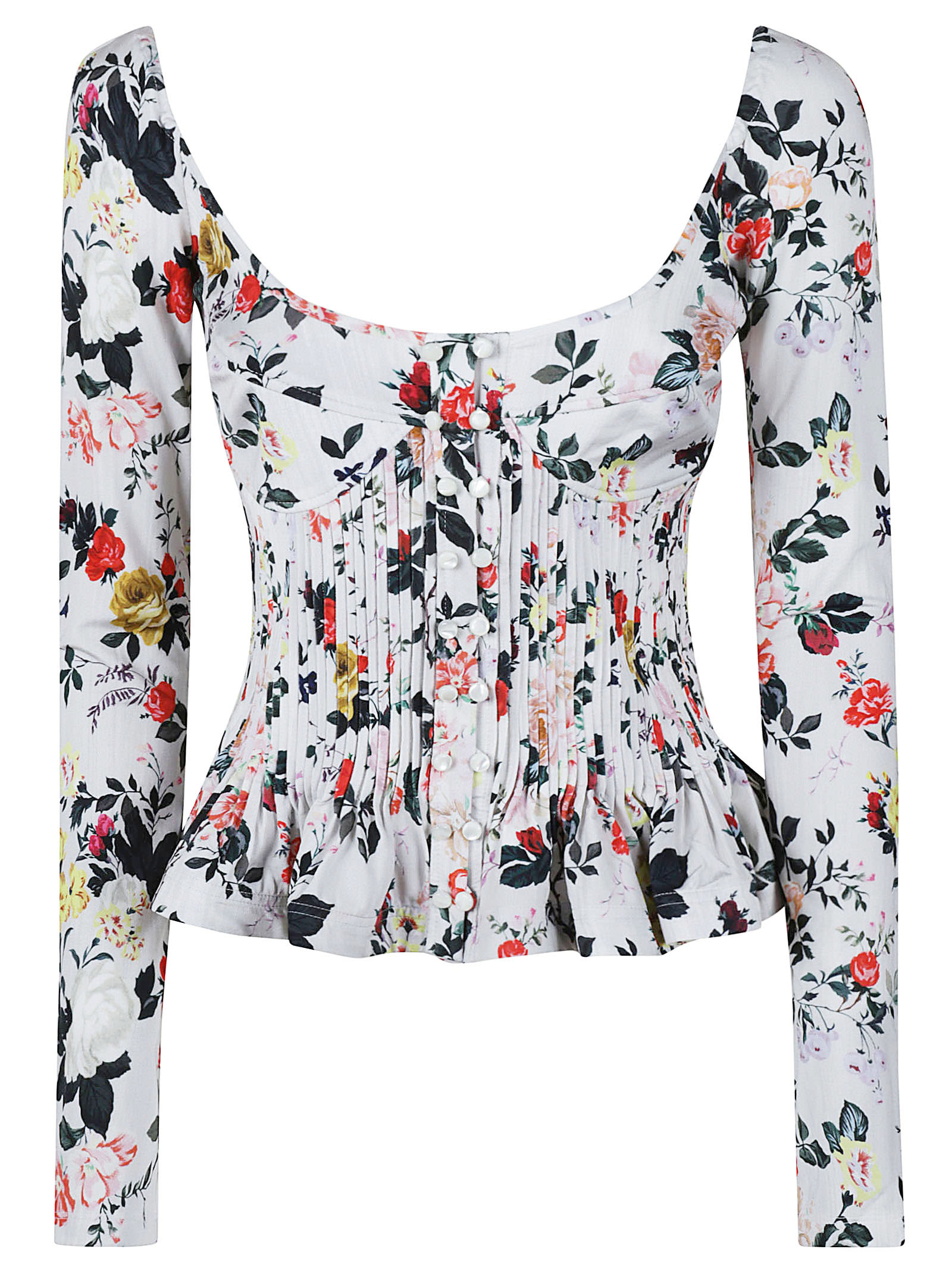 RABANNE WIDE NECK FLORAL PRINT PLEATED BLOUSE