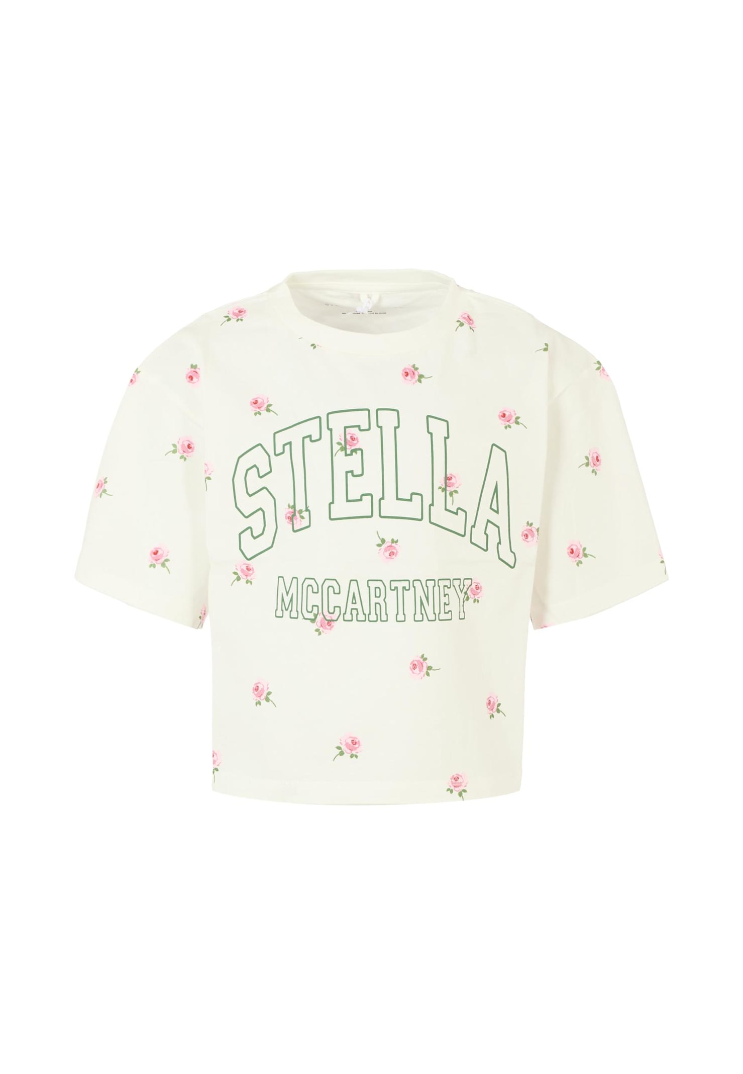 Stella Mccartney Ivory Crop T-shirt For Girl With Flowers And Logo In Multi