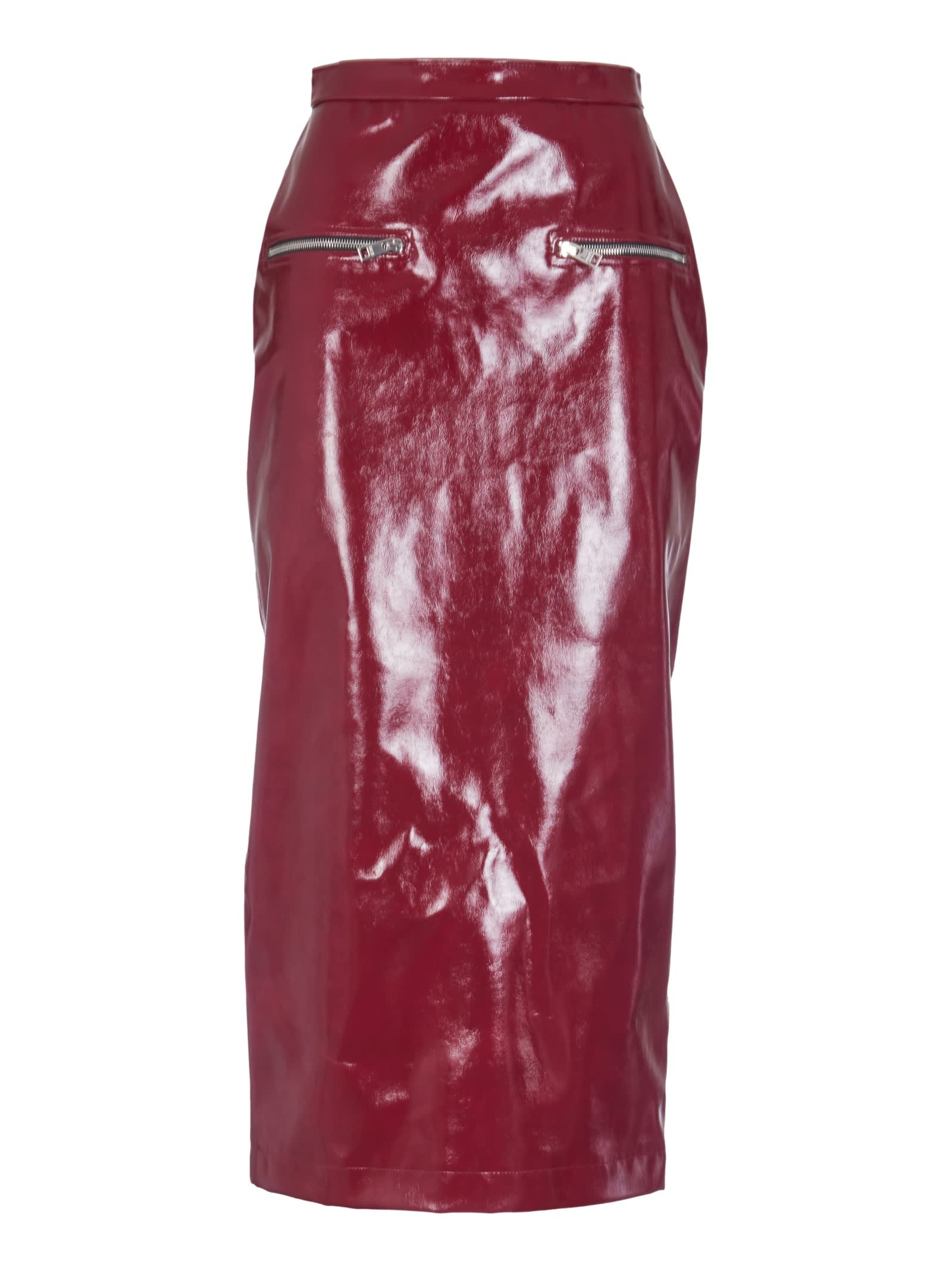 Shop Msgm Rear Slit Zipped Shiny Skirt In Bordeaux