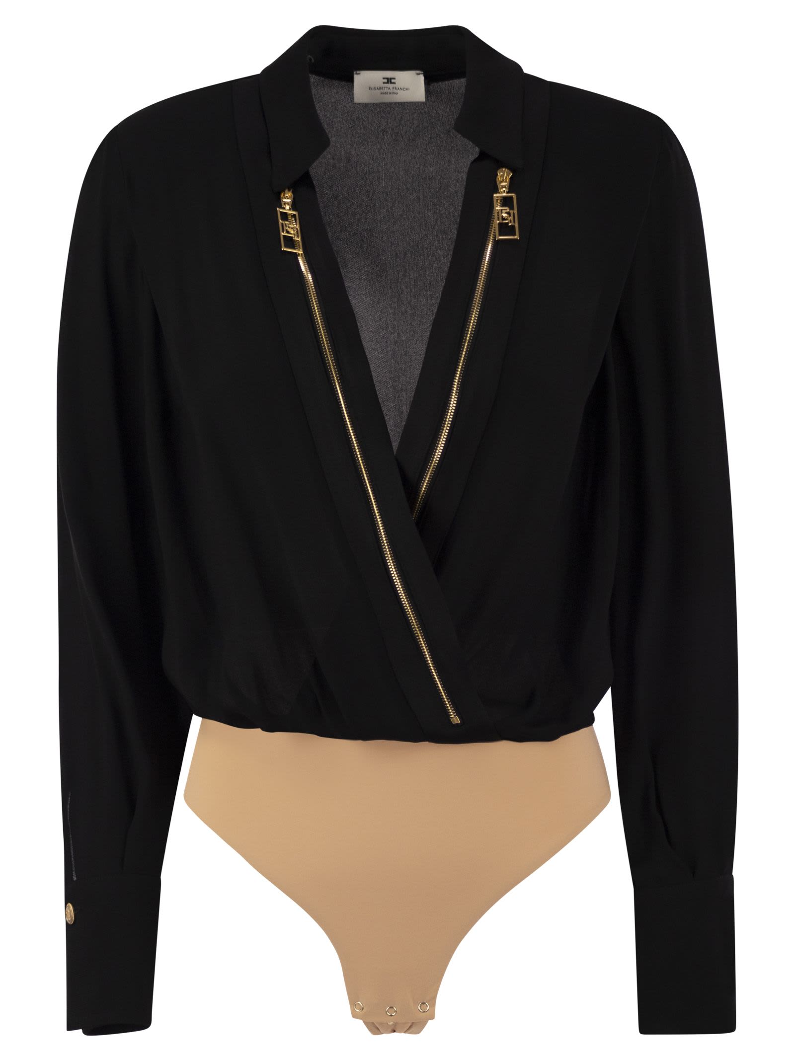 Shop Elisabetta Franchi Georgette And Satin Body Shirt With Zip In Black