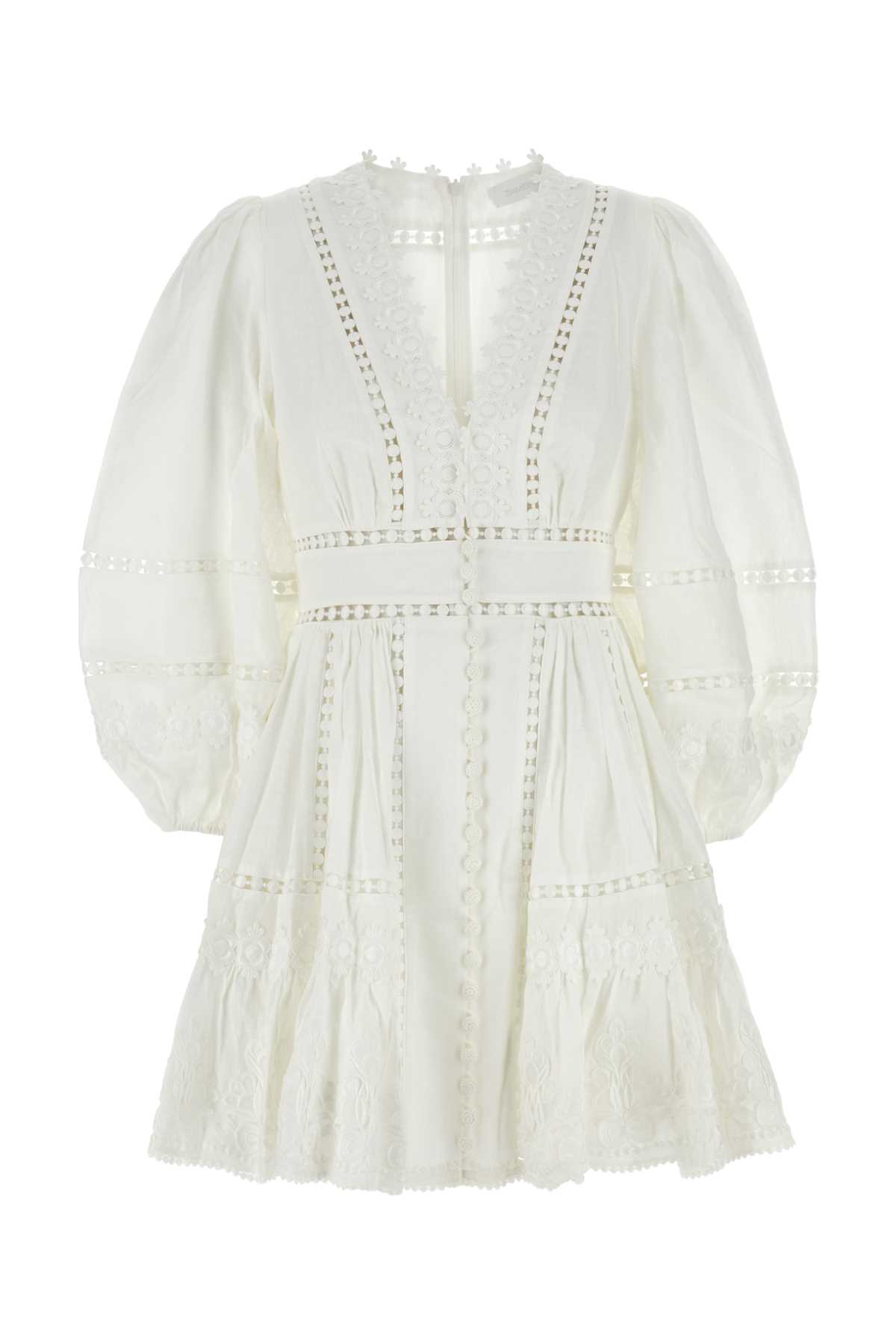 Shop Zimmermann White Linen Pop Trimmed Mini Dress In Ivory