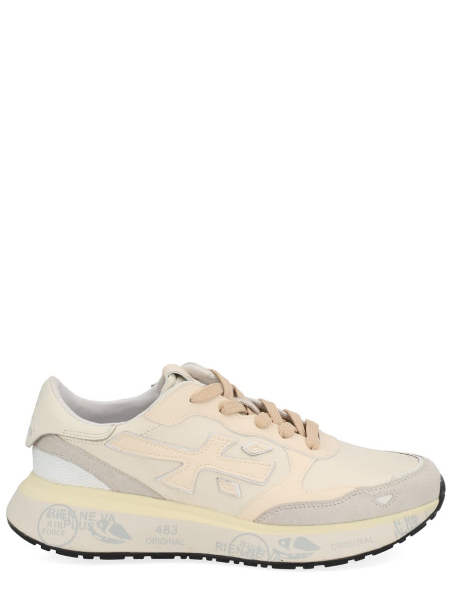 Premiata Light Beige Calf Leather Low-top Sneakers With Metallic Accents In Multi