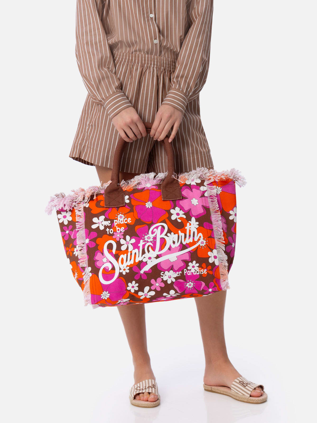 Mc2 Saint Barth Cotton Canvas Tote Bag With Retro Flower Print In Brown