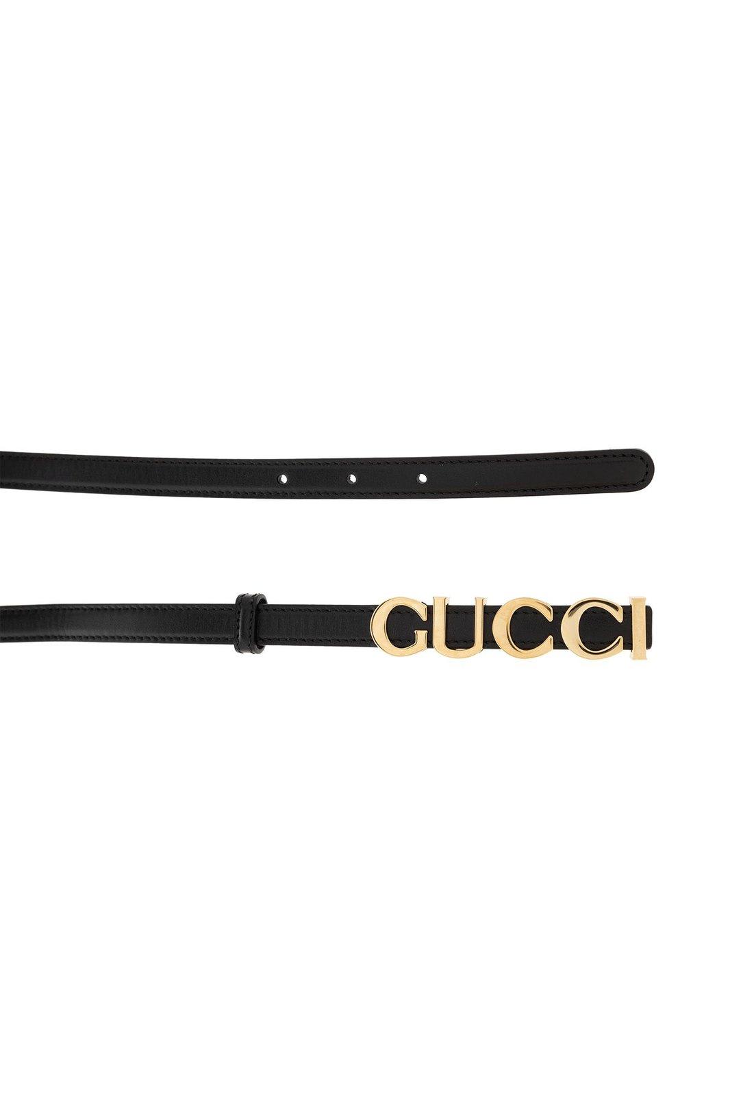 Shop Gucci Logo Lettering Plaque Thin Belt In Black