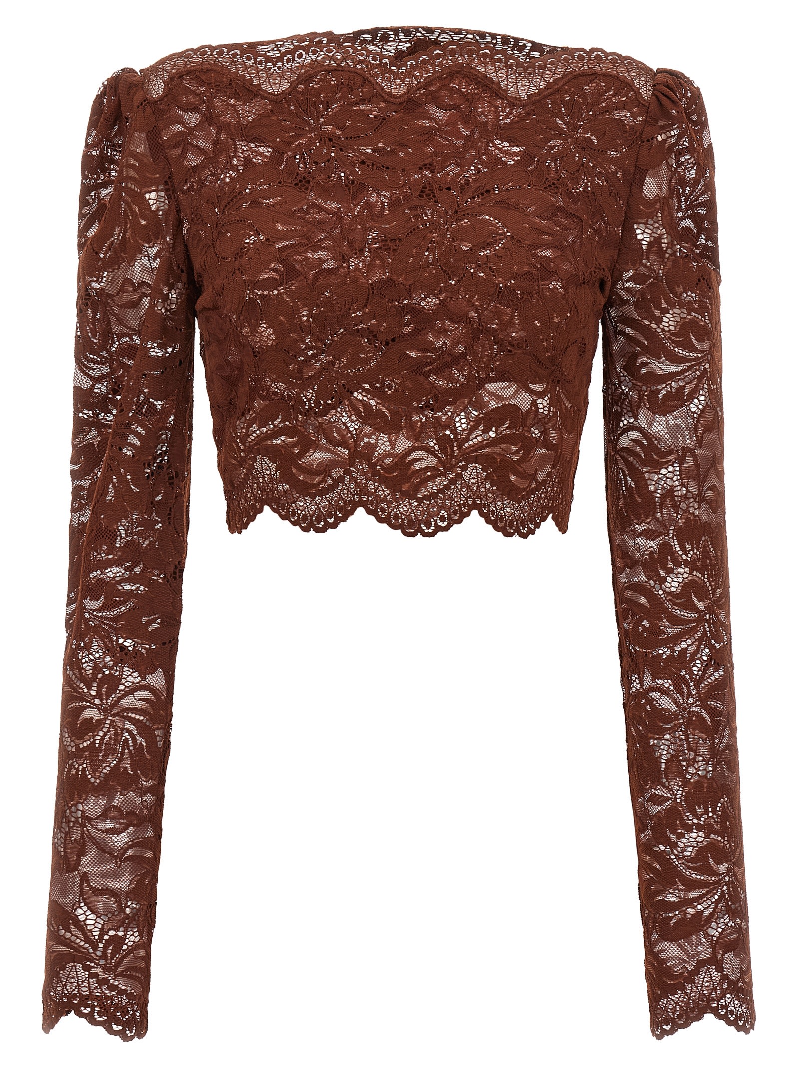 Rabanne Floral Lace Long Sleeve Cropped Top In Brown