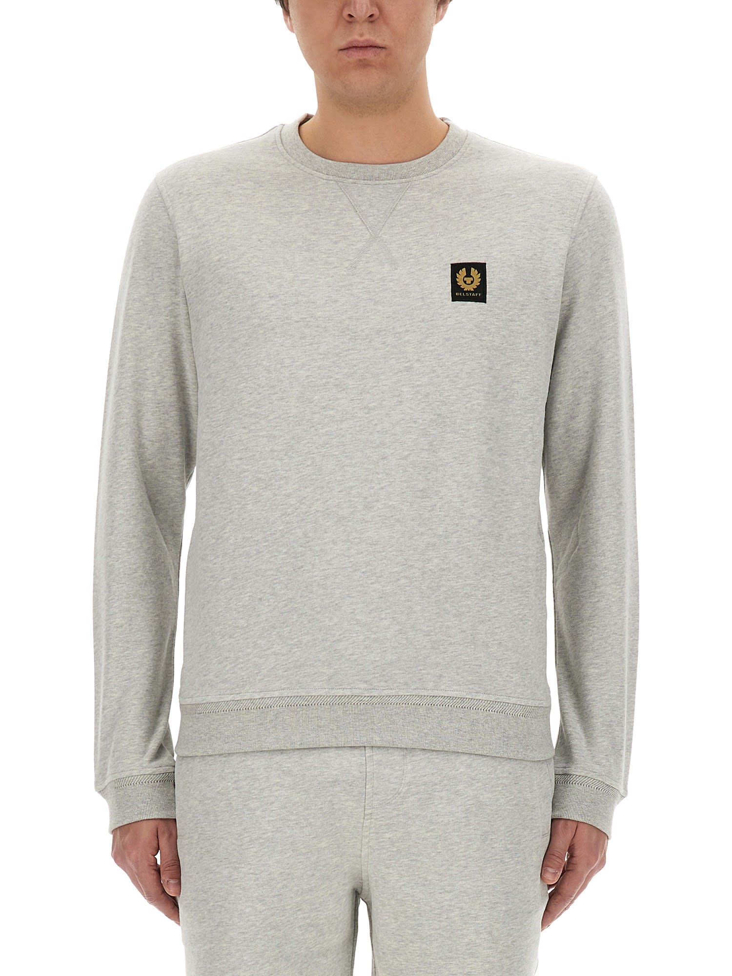 Shop Belstaff Logo Patched Ribbed Sweatshirt In Old Silver Heather
