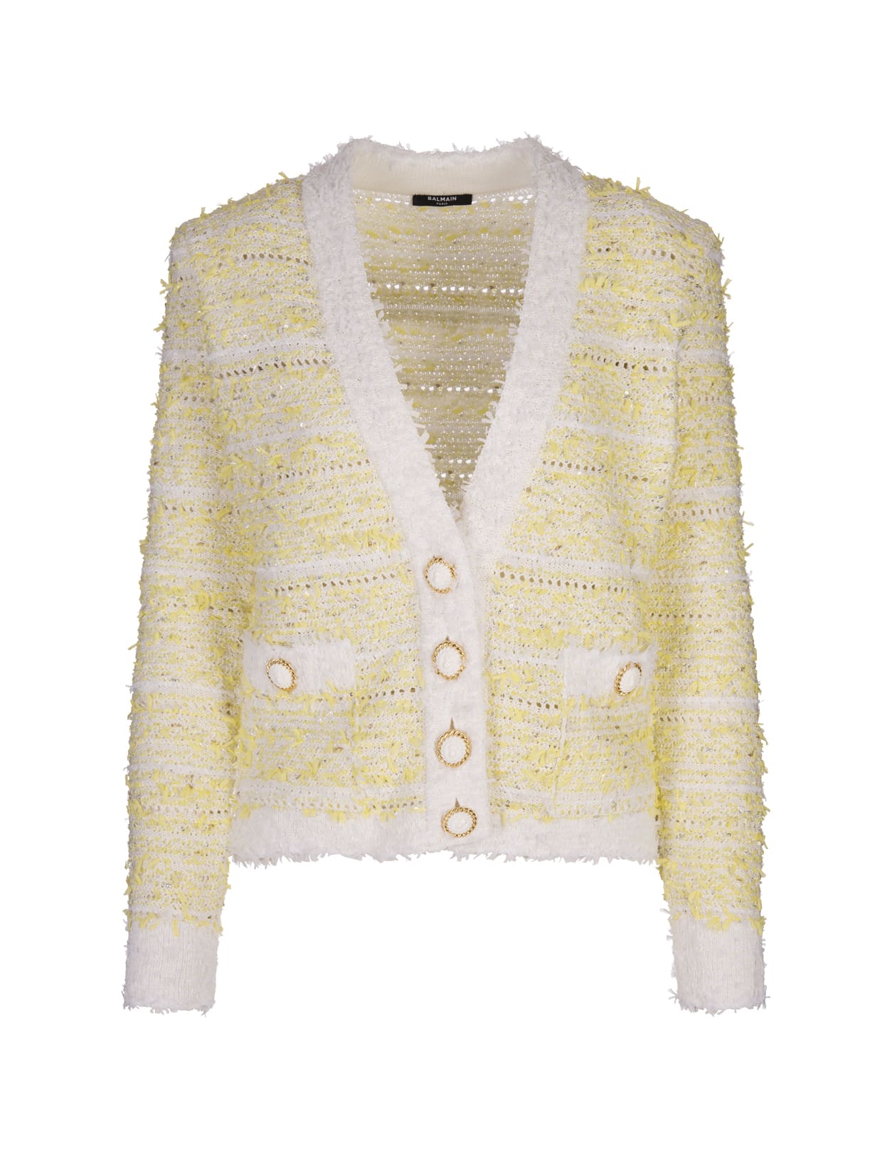 Shop Balmain Yellow And White Knitted Short Cardigan In Bianco E Giallo