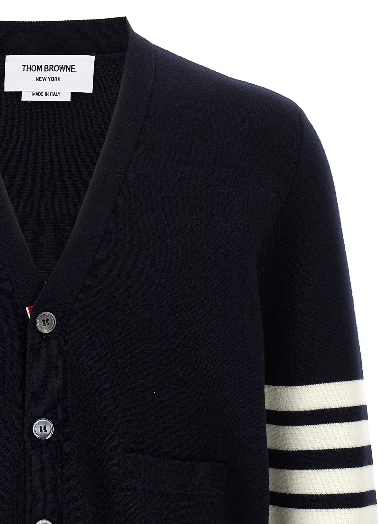 Thom Browne Wool Cardigan With Striped Sleeve Detail In Black