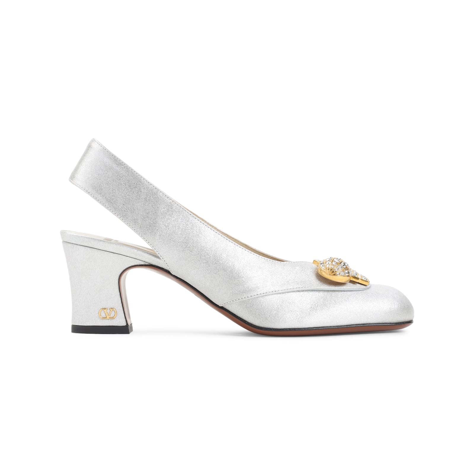 Valentino Block Heel Embellished Slingback Square Toe Pumps In Silver
