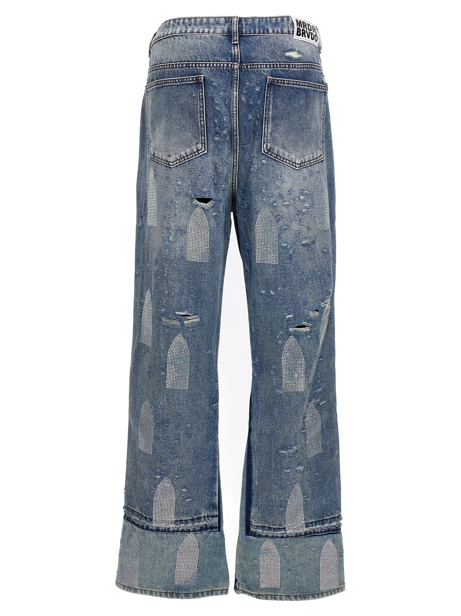 Shop Who Decides War Rhinestone Washed Denim Jeans In Blue