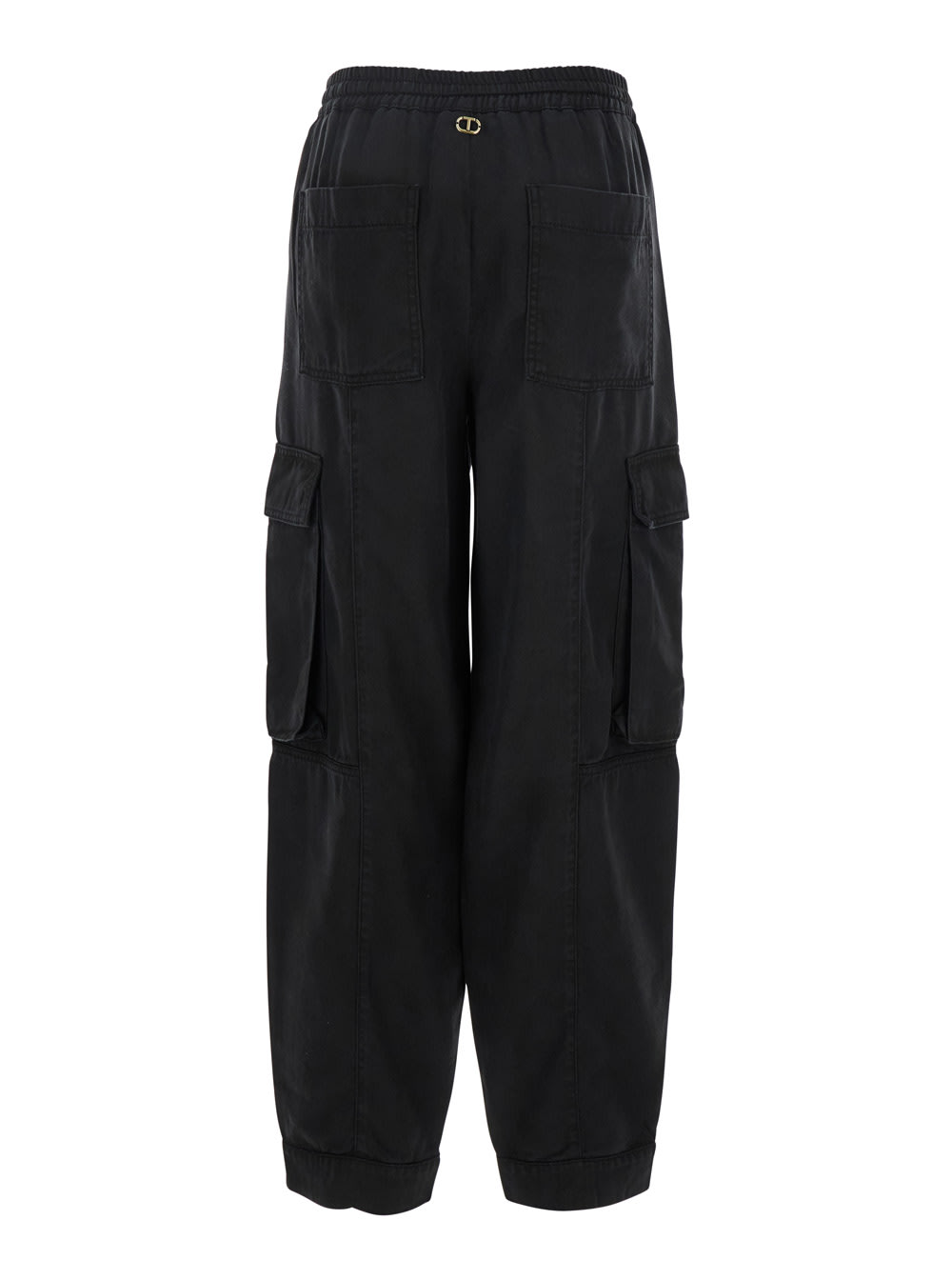 Shop Twinset Black Cargo Pants With Elastic Drawstring Waist And Logo Plaque On The Rear In Viscose Woman