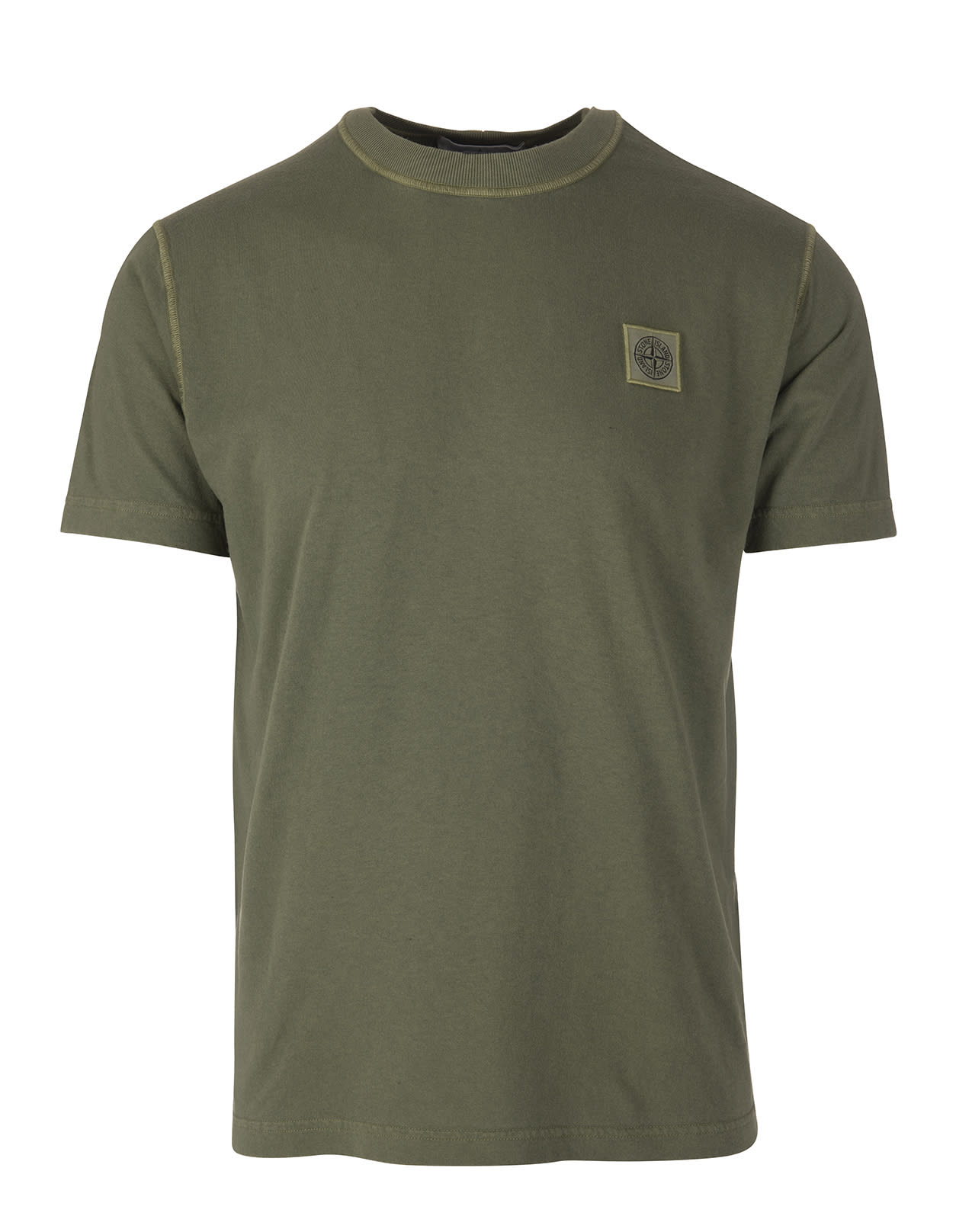 Man Regular Fit Olive Green T-shirt With Compass Rose Stone Island Patch