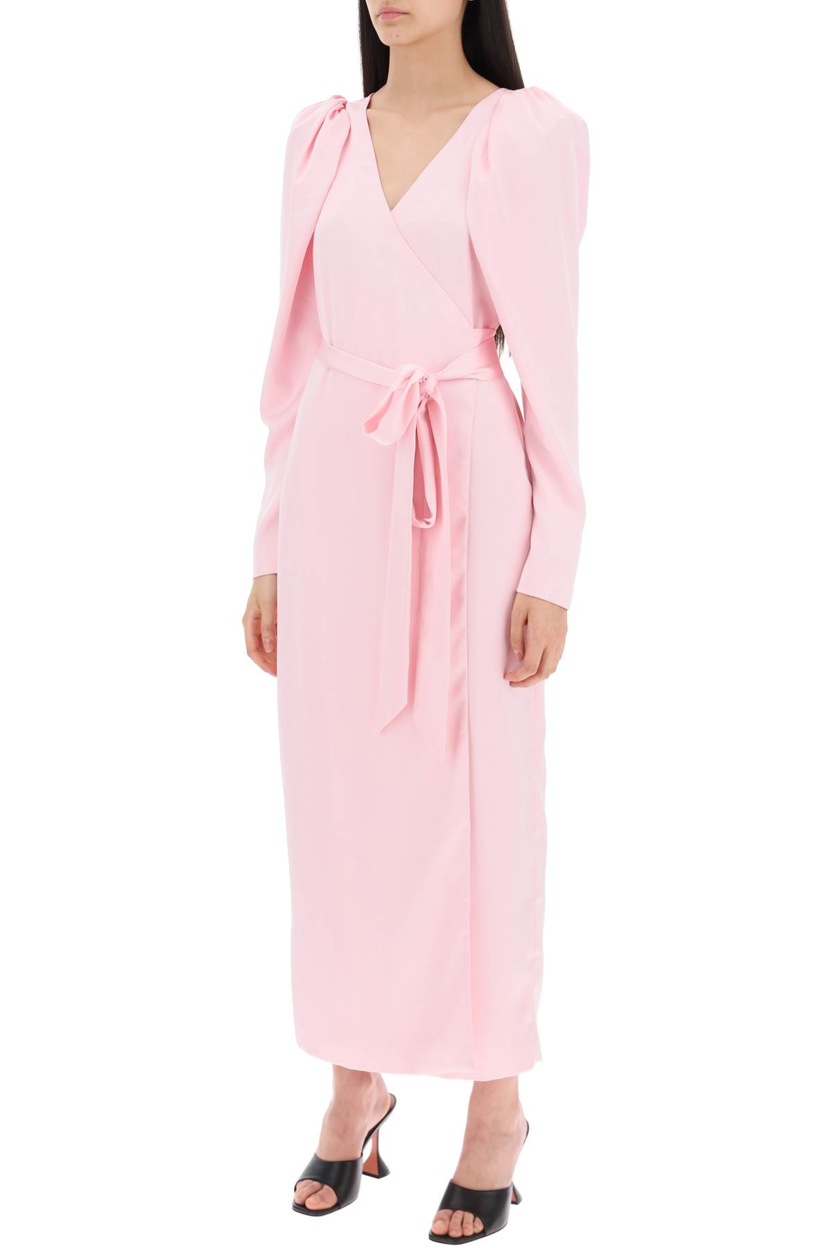 Shop Rotate Birger Christensen Satin Wrap Midi Dress With A Crossover In Blushing Bride (pink)