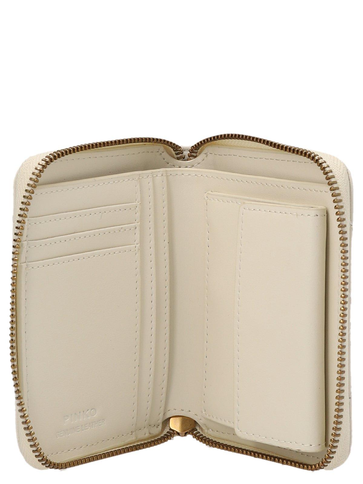Pinko Logo Plaque Quilted Zipped Wallet In Bianco Seta-antique Gold