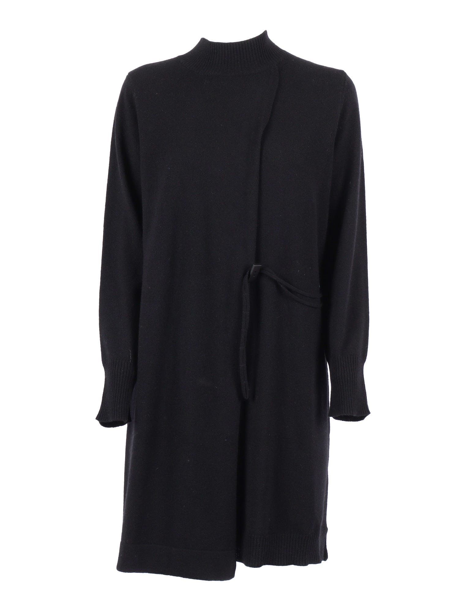 Kangra Cashmere Asymmetrical Wrap Dress With Side Tie Closure And Modern Hemline In Black