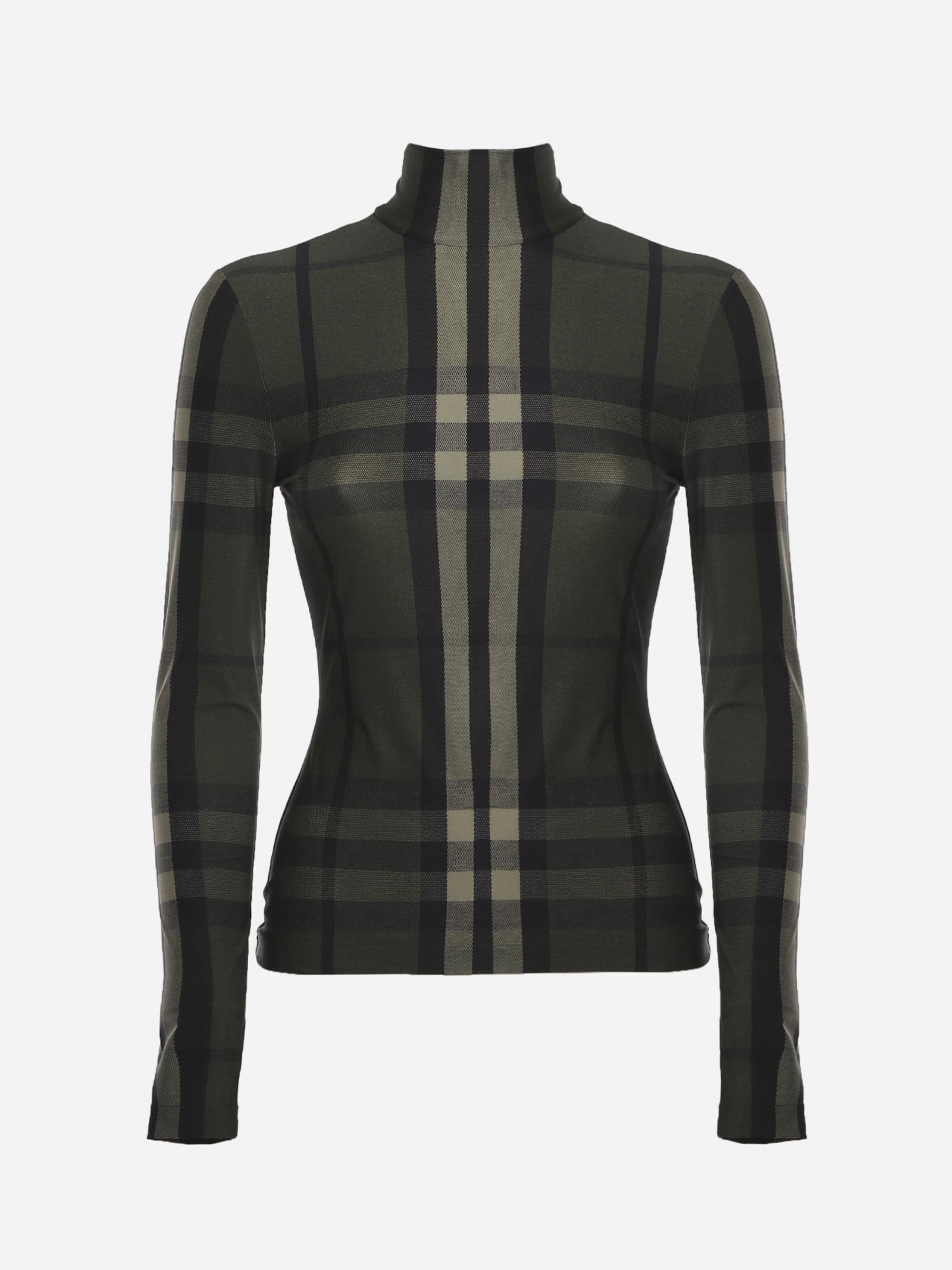 Burberry Stretch Jersey Turtleneck With All-over Tartan Motif