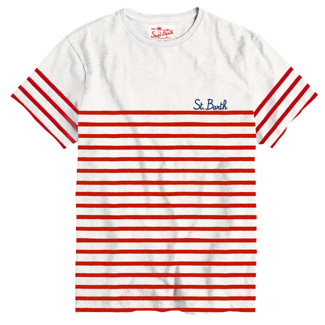 Mc2 Saint Barth Embroidered Cotton T-shirt Red Striped In White
