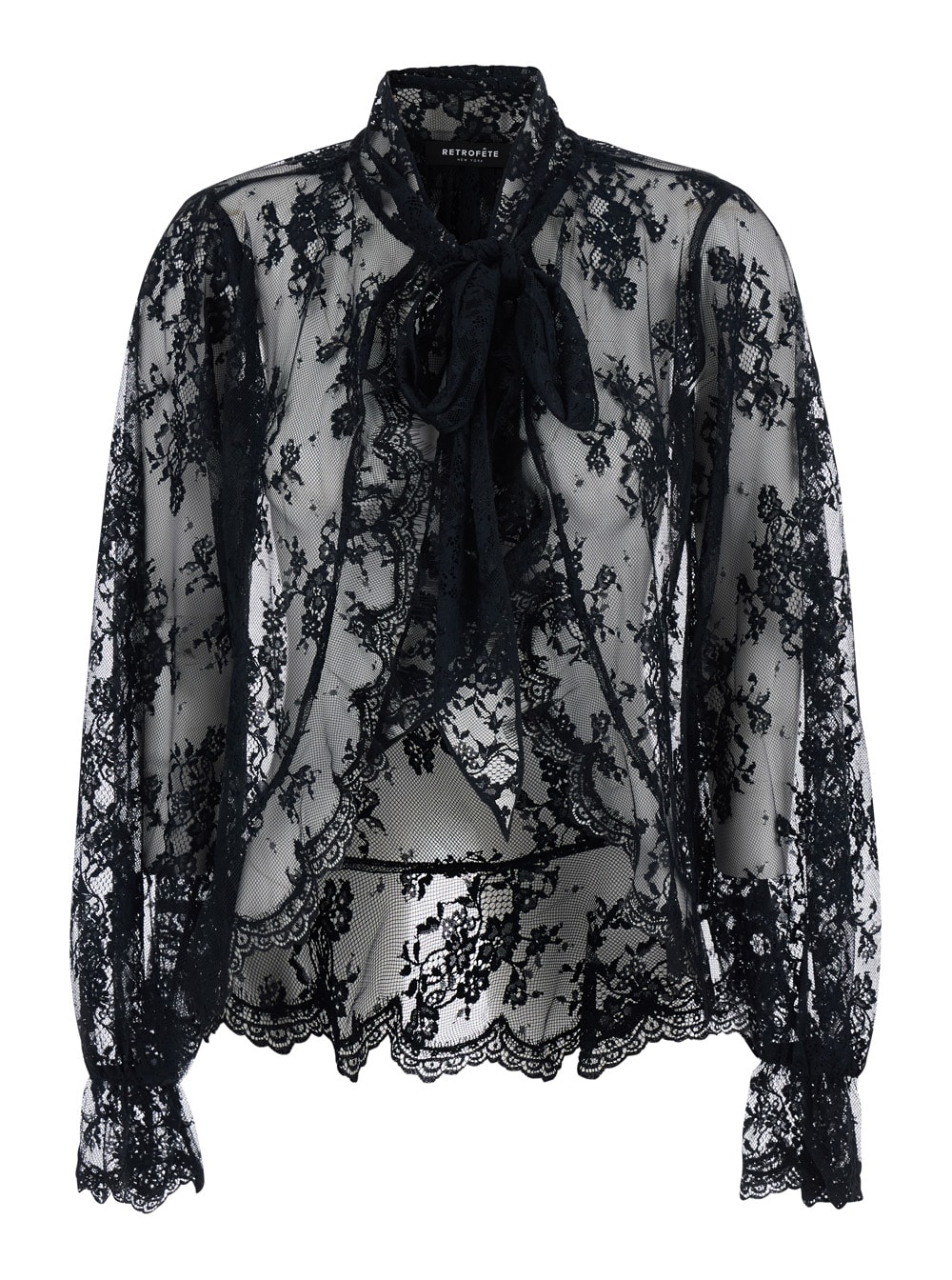 Retroféte Tamsin Black Blouse With Maxi Bow On The Front And All-over Lace Embroidery In Tech Fabric Woman