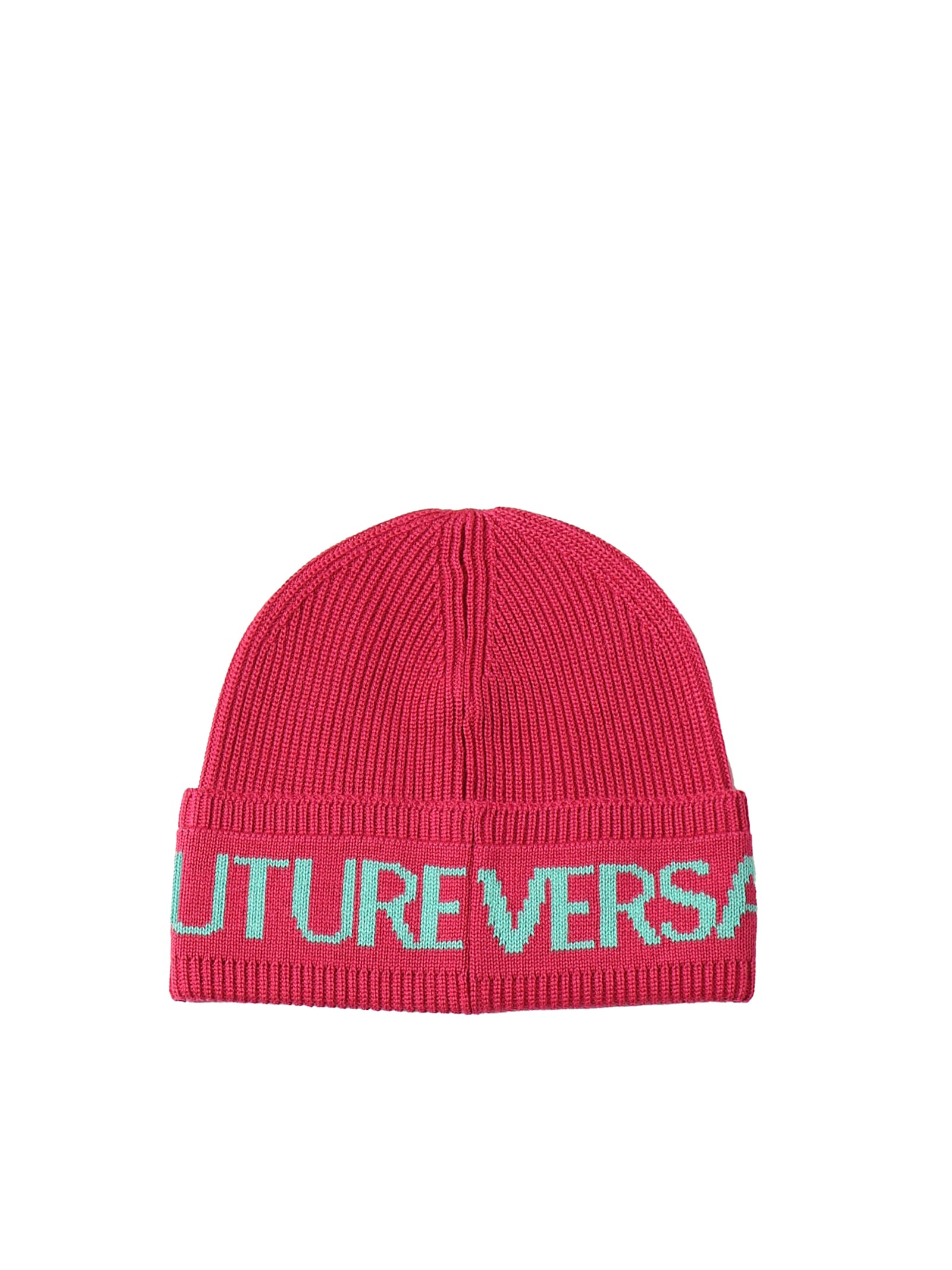 Versace Jeans Couture Knitted Beanie With Logo In Fuchsia