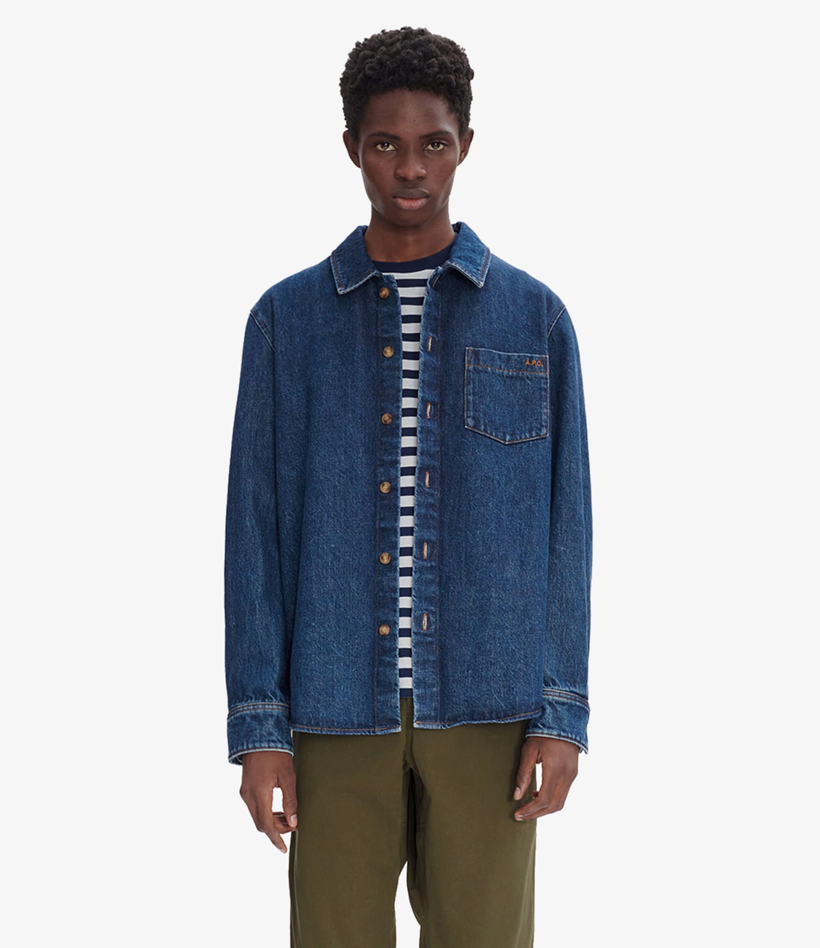 Apc A.p.c. Vittorio Brodée Poitrine Denim Overshirt In Ial Indigo Delave