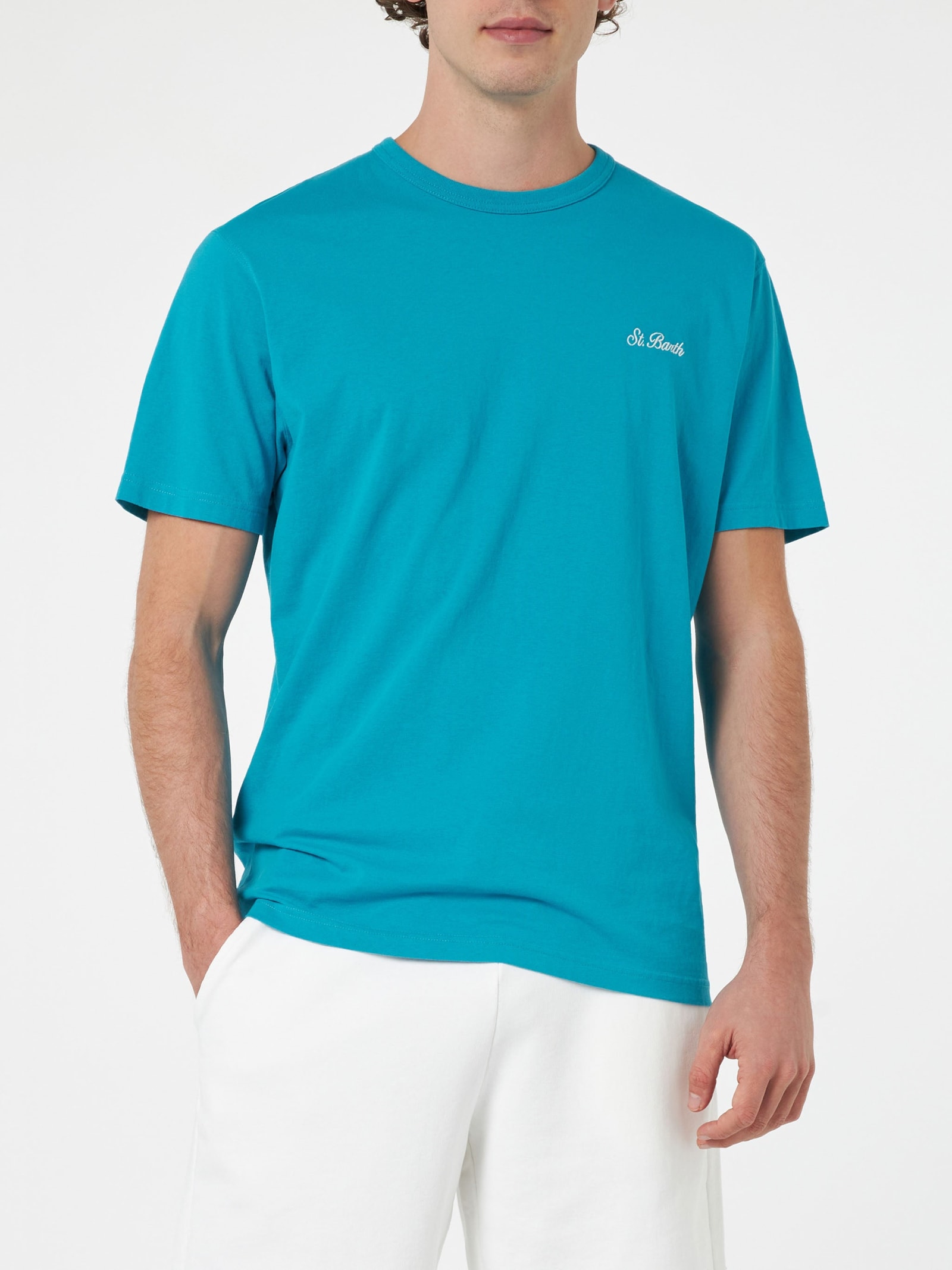 Mc2 Saint Barth Man Teal Cotton Jersey T-shirt Dover With St. Barth Embroidery In Green