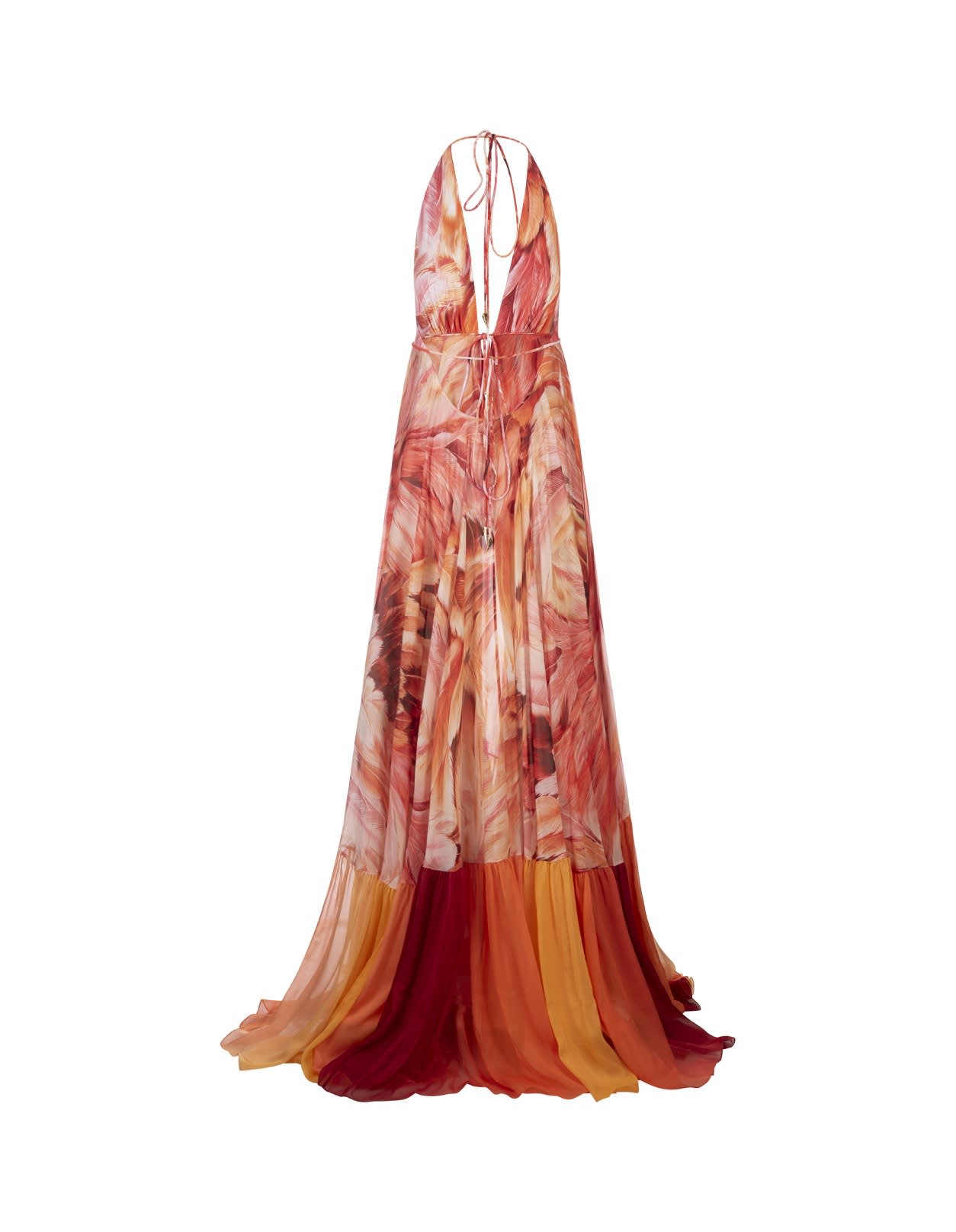 Shop Roberto Cavalli Long Sleeveless Silk Dress With Orange Plumage Print