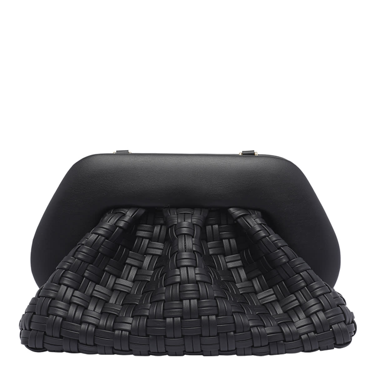 Themoirè Tia Black Clutch Bag With Woven Straw Motif And Shoulder Strap In Black