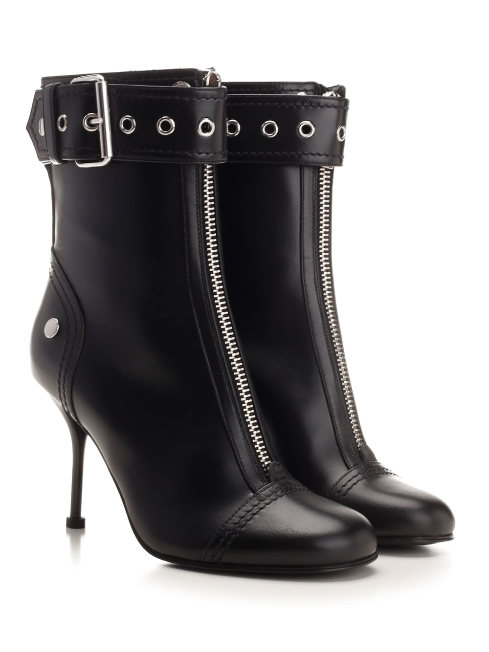 Alexander Mcqueen Heeled Biker Boots In Black Silver