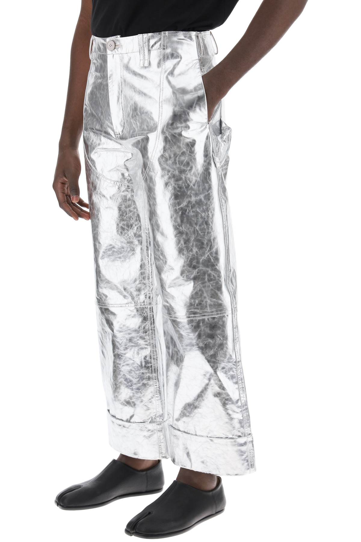 Shop Simone Rocha Laminated Leather Pants With Folded Hem In Silver (silver)