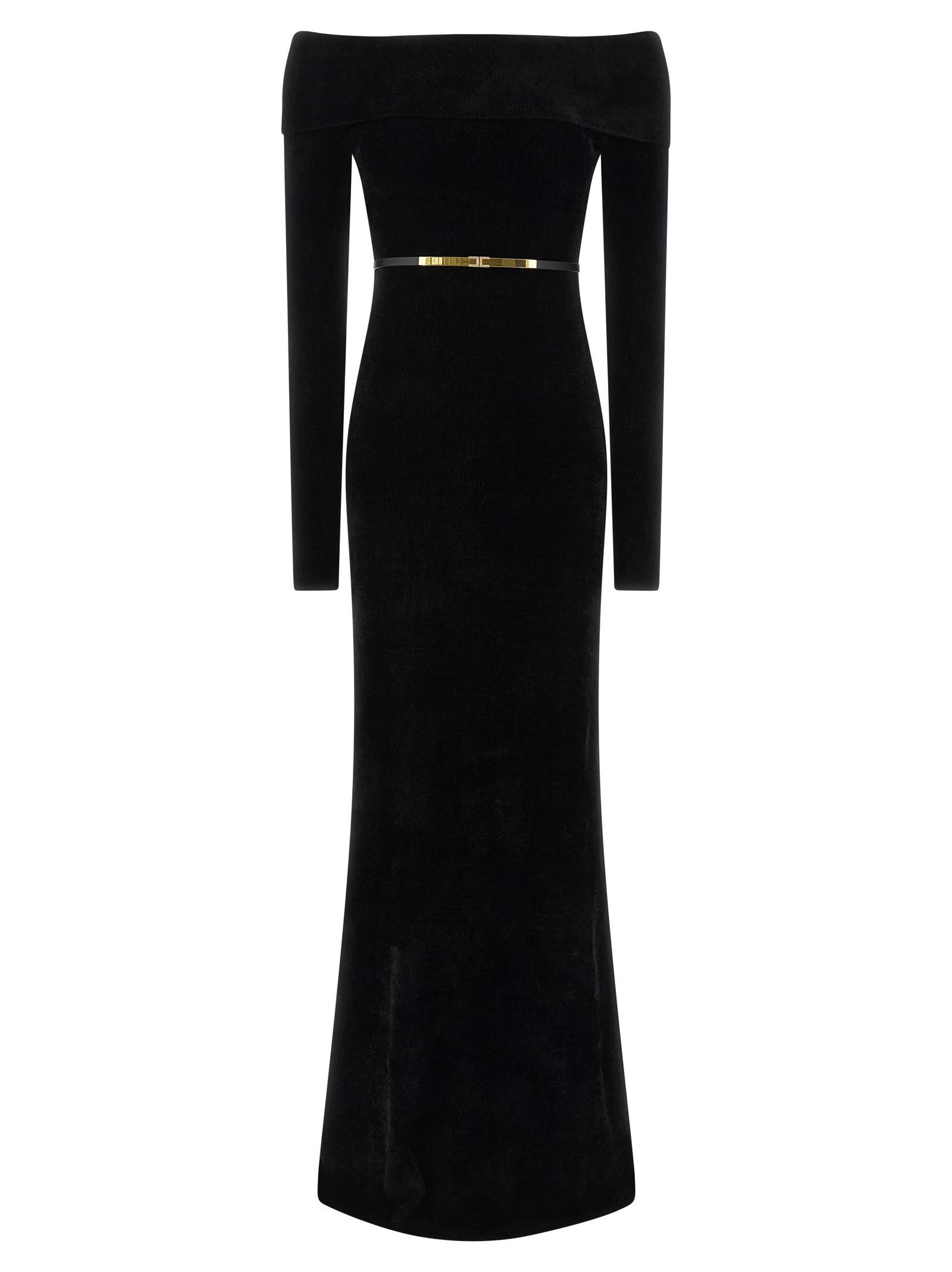 Elisabetta Franchi Red Carpet Chenille Dress With Belt In Black