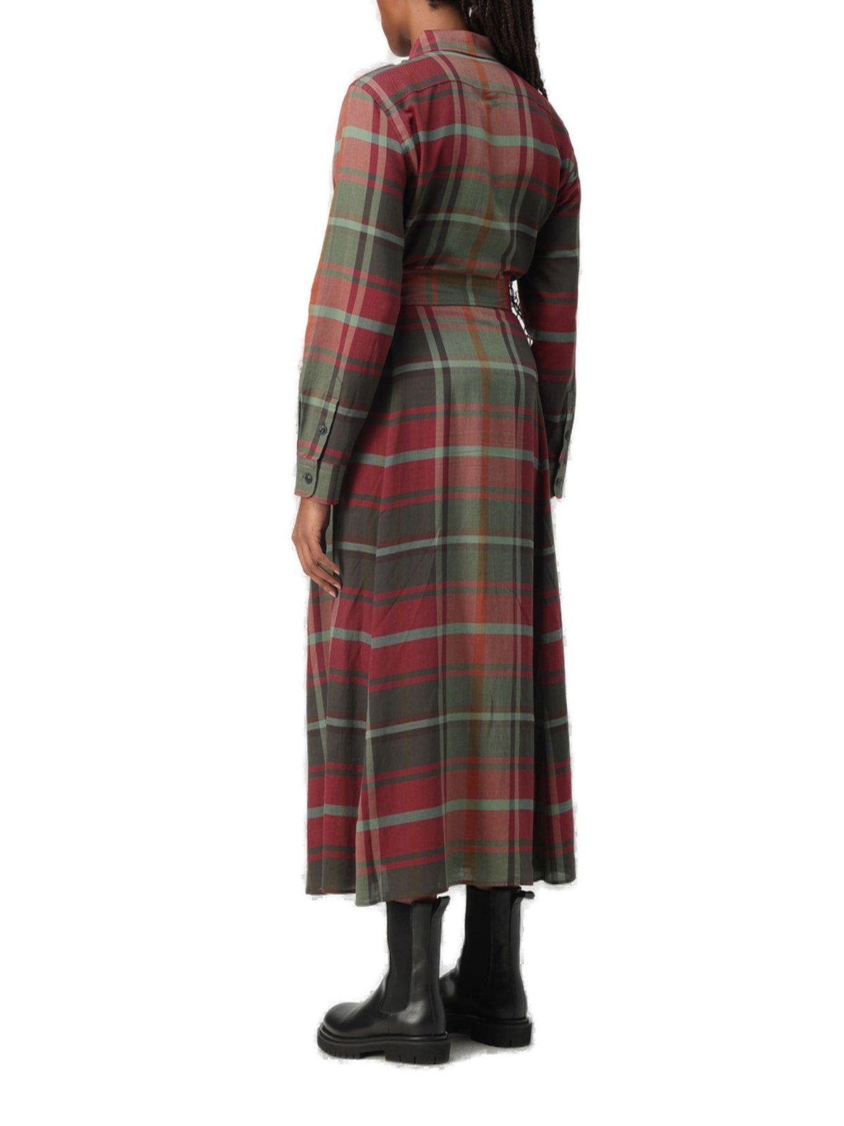 Shop Polo Ralph Lauren Plaid Checked Belted Midi Shirt Dress  In Red