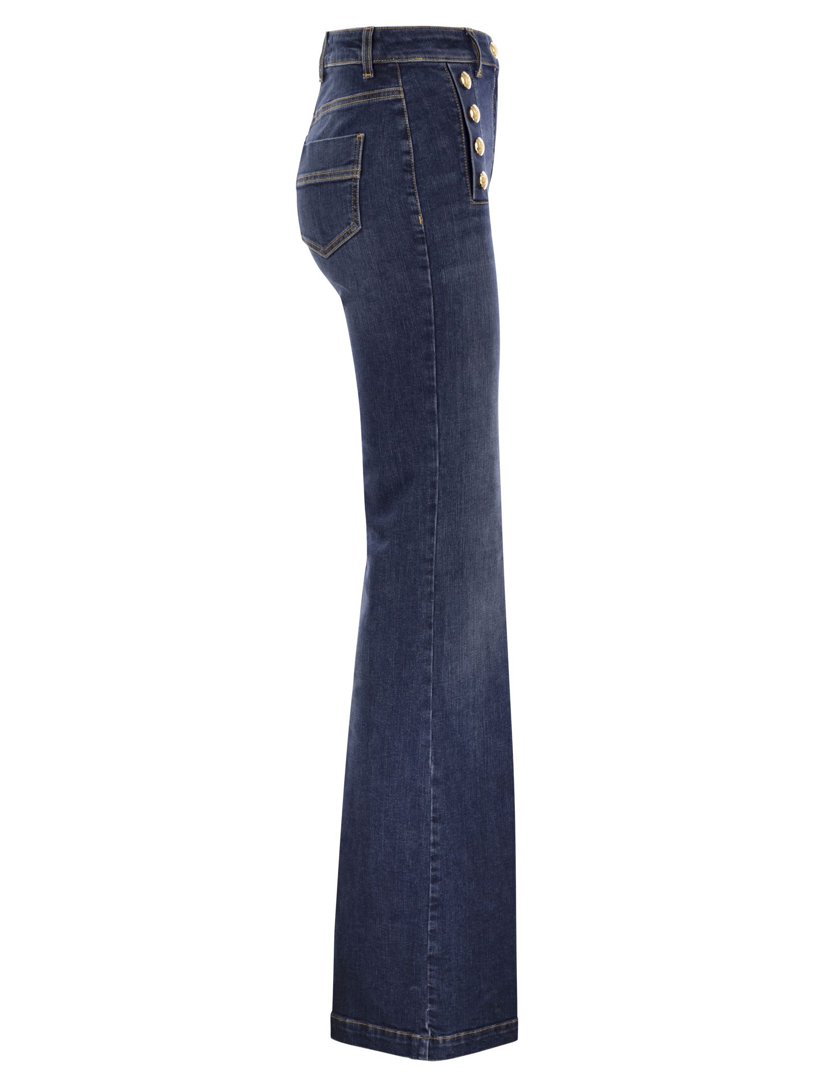 Shop Elisabetta Franchi Stretch Cotton Flared Jeans With Side Button Fastening In Denim