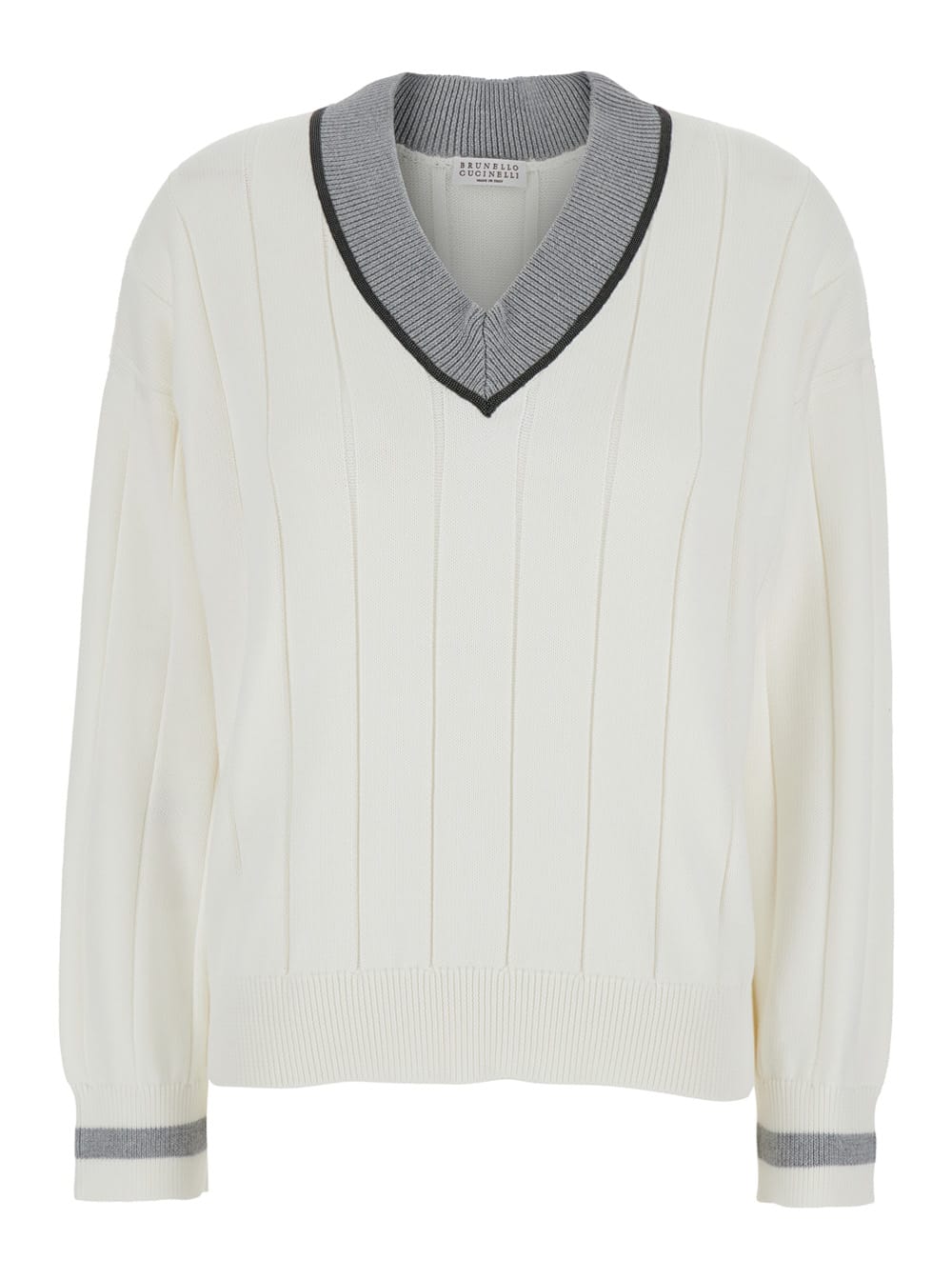 Brunello Cucinelli White T-shirt With V Neck And Monil Detail On The Collar In White
