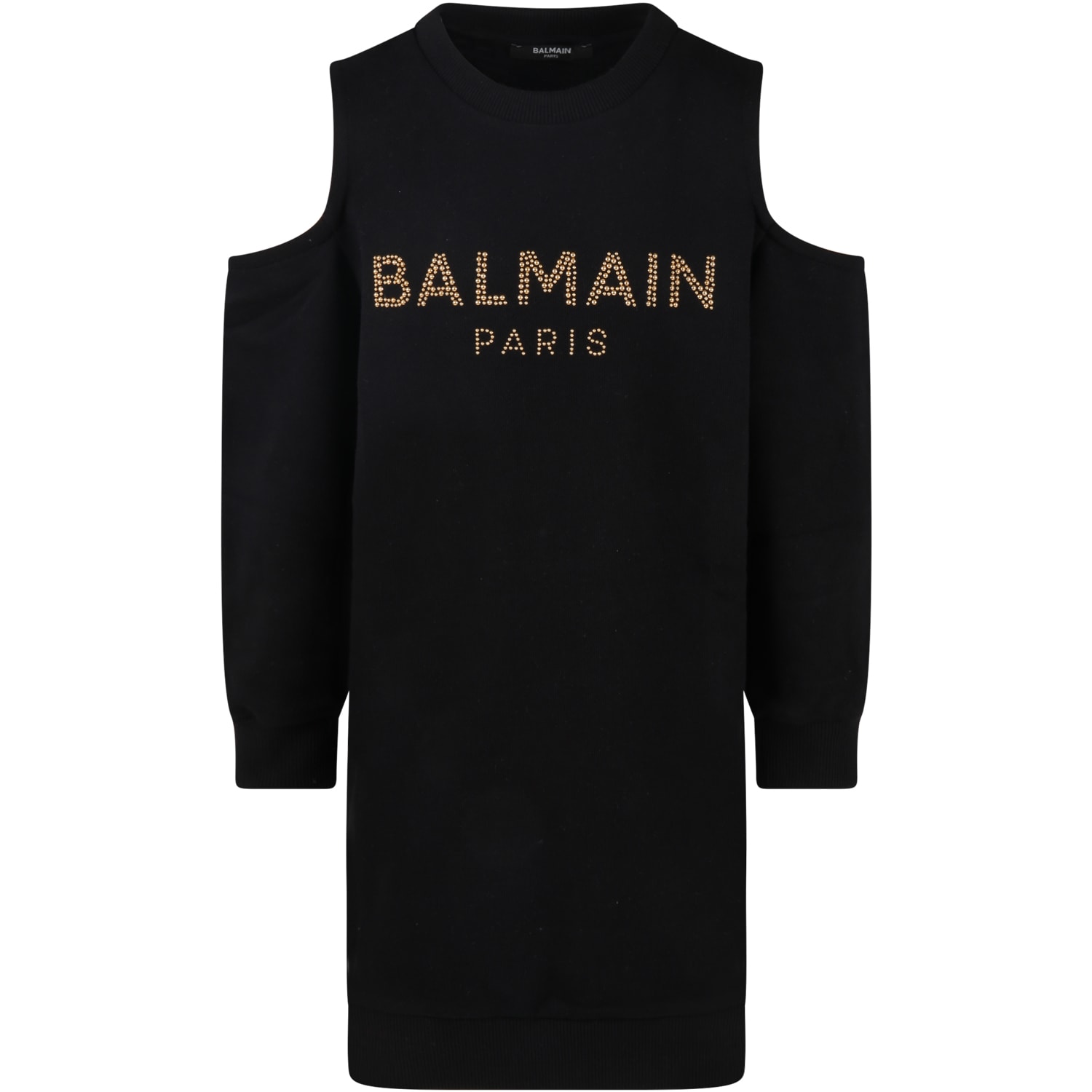 Balmain Black Dress For Girl With Golden Logo With Studs