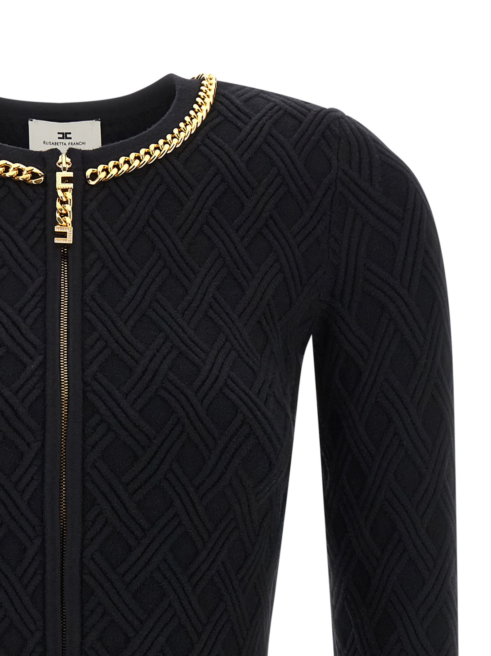 Elisabetta Franchi Cardigan In Maglia A Rombi Con Dettaglio Gioiello Nero In Black