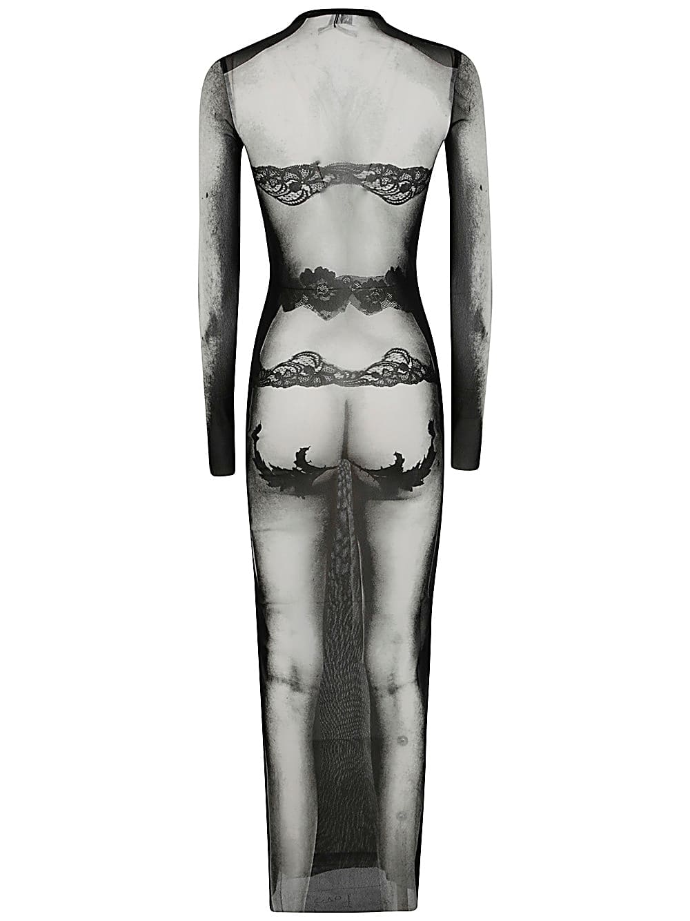 Shop Jean Paul Gaultier Mesh Long Dress Printed Body Lace Mariniere In Black Grey White