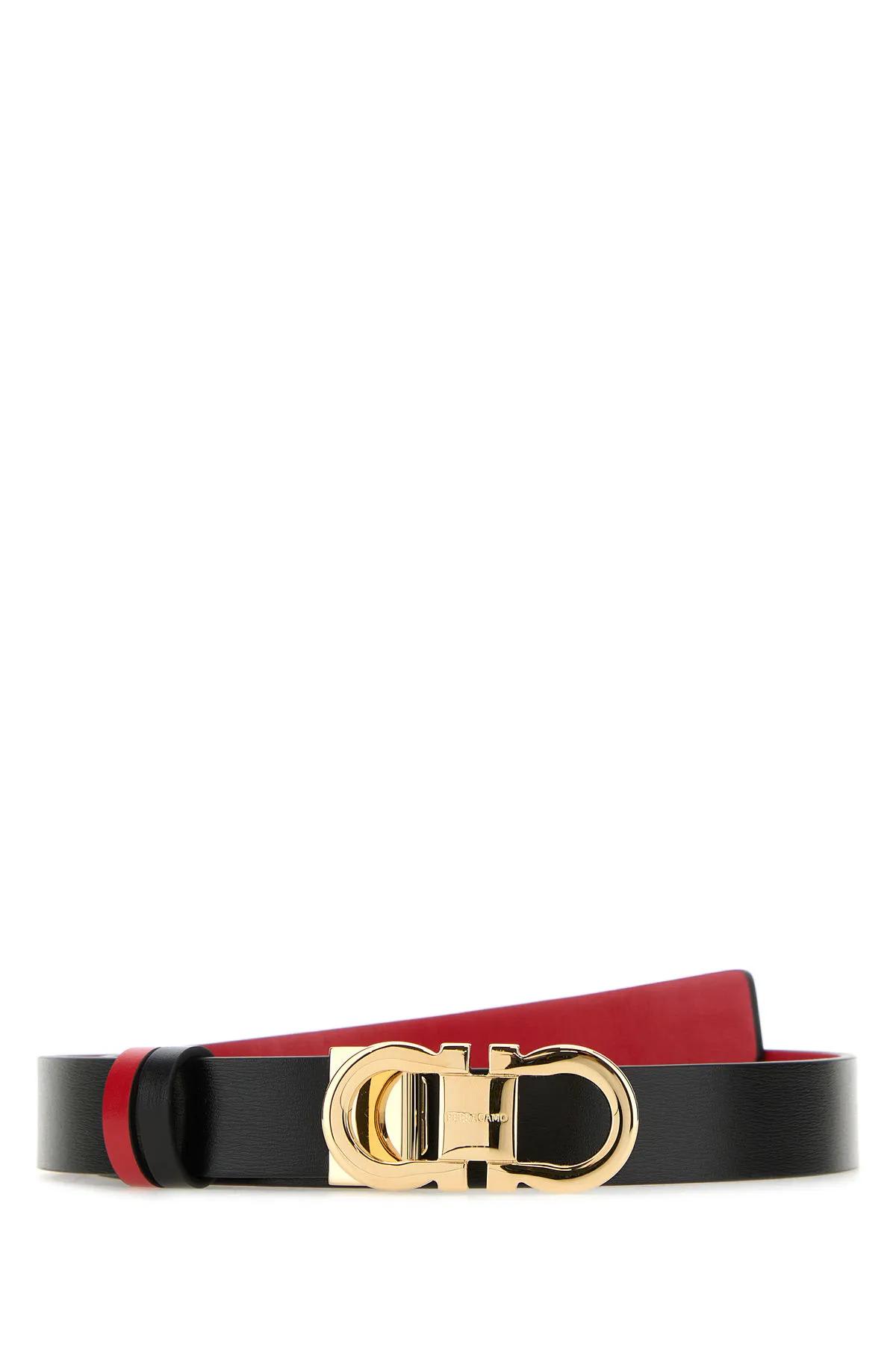 Ferragamo Black Leather Reversible Belt In Nero/flame Red