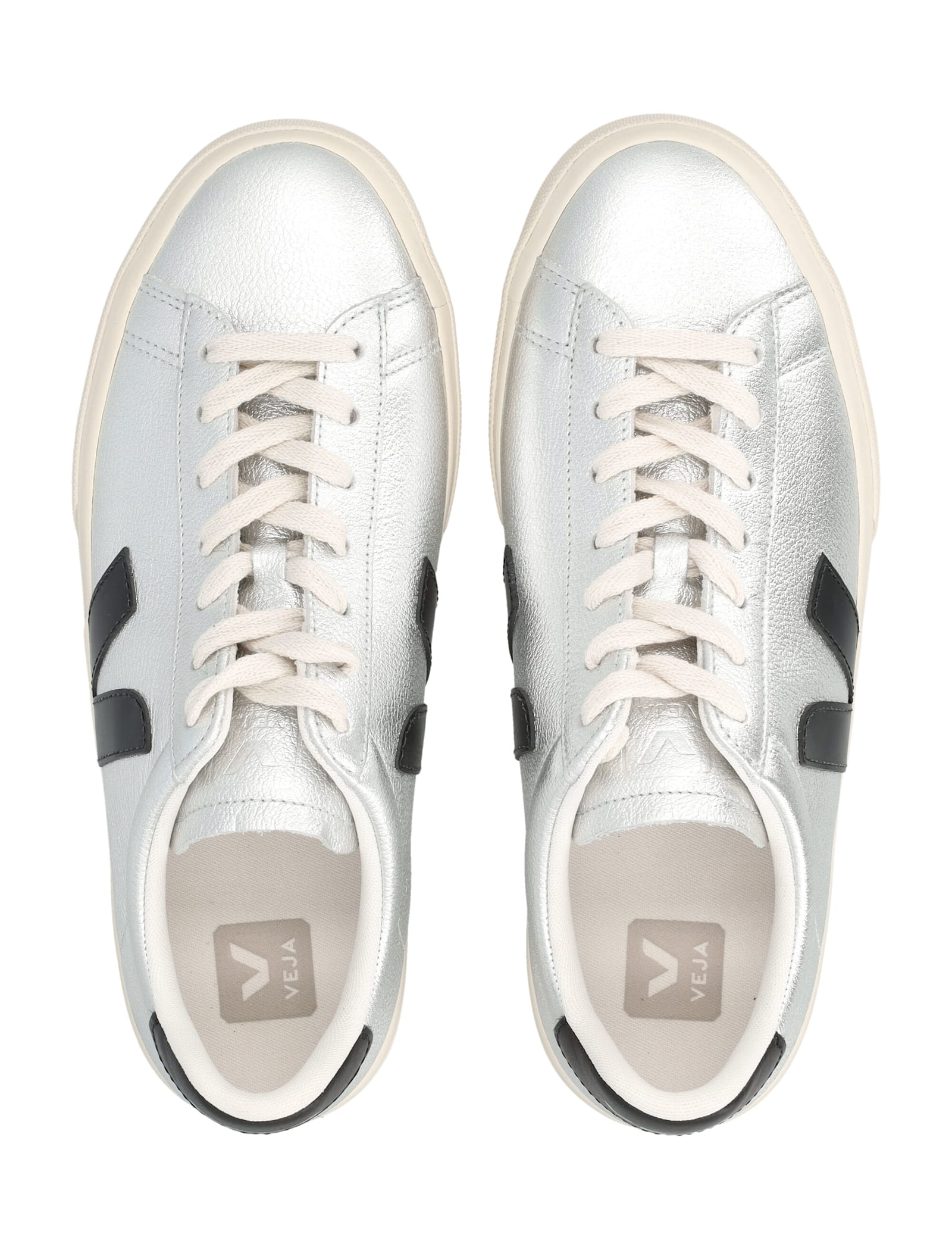 Veja Campo Silver And Black Leather Sneakers In Silver