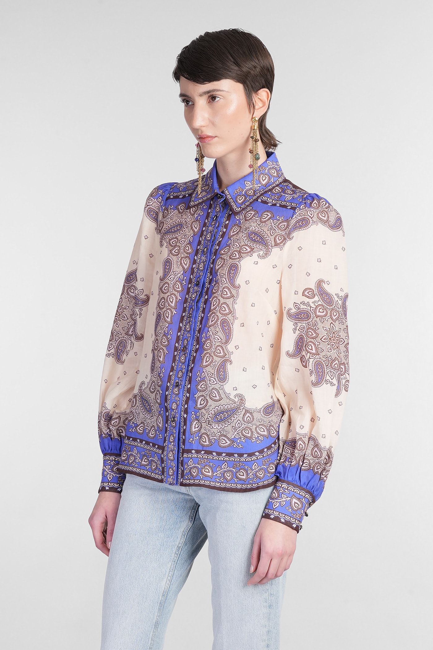 Zimmermann Maxine Paisley Blouson Sleeve Ramie Button-up Shirt In Beige