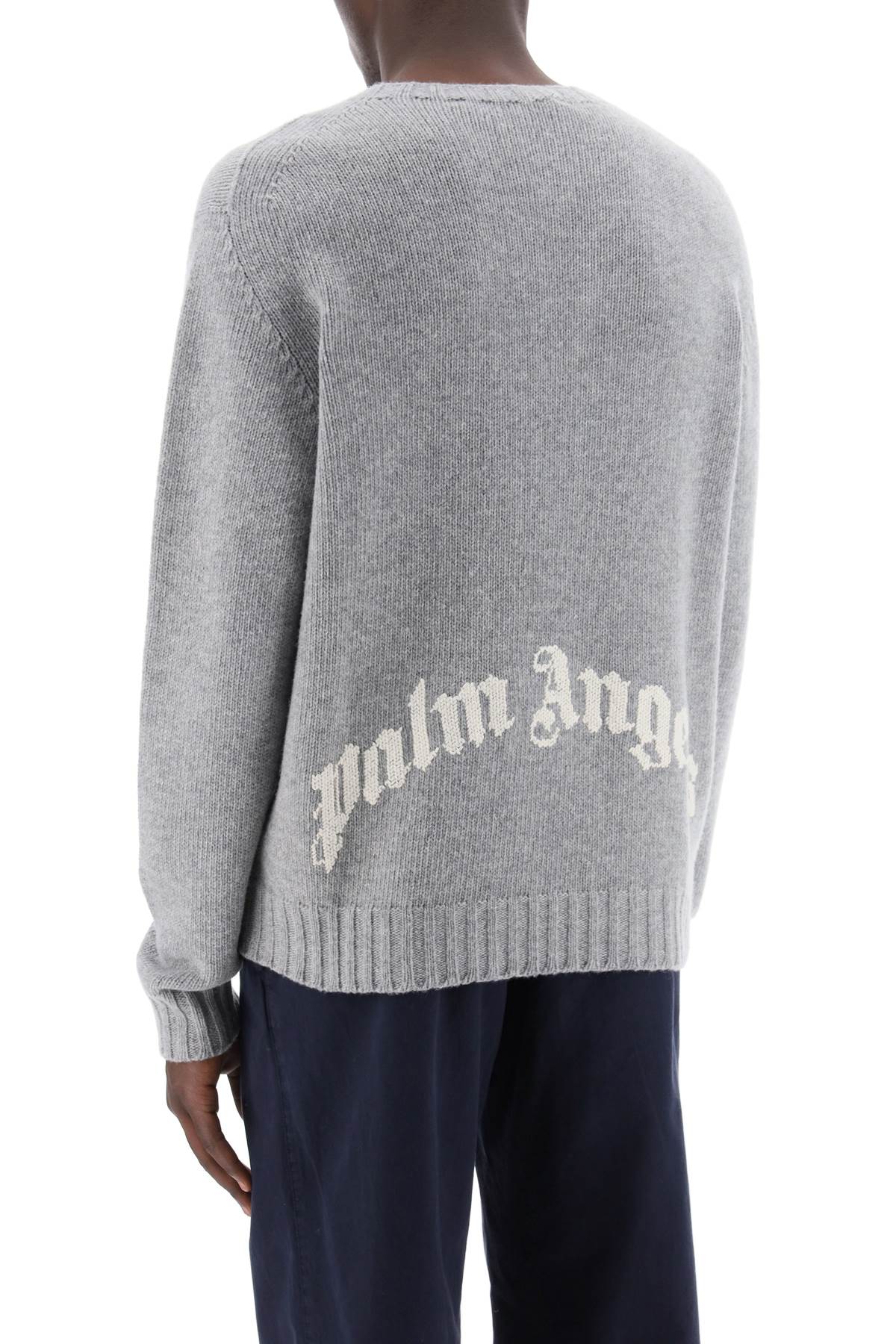 Shop Palm Angels Wool Sweater With Logo Intarsia In Melange Grey White (grey)