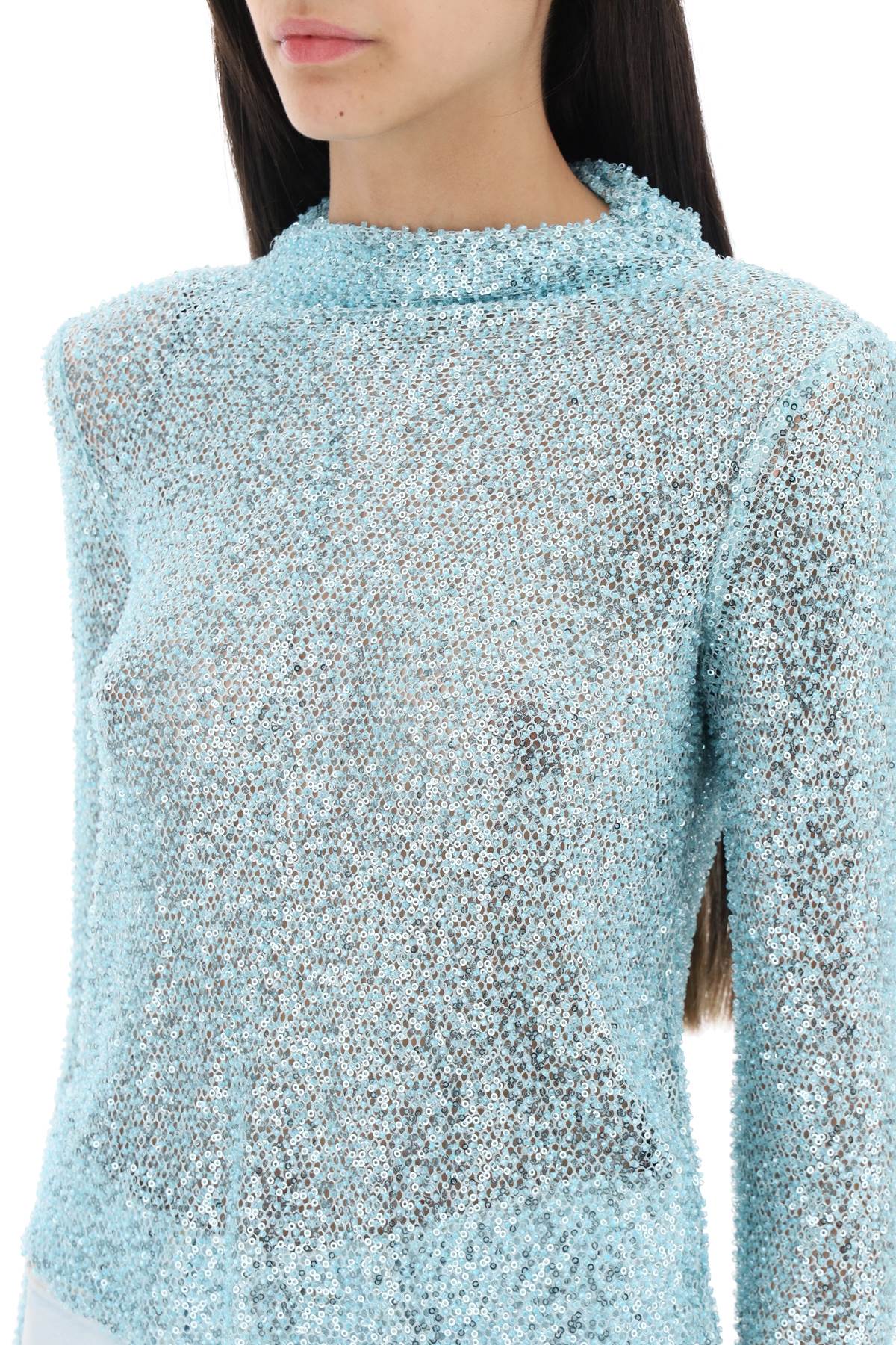 Shop Self-portrait Long-sleeved Top With Sequins And Beads In Blue (light Blue)